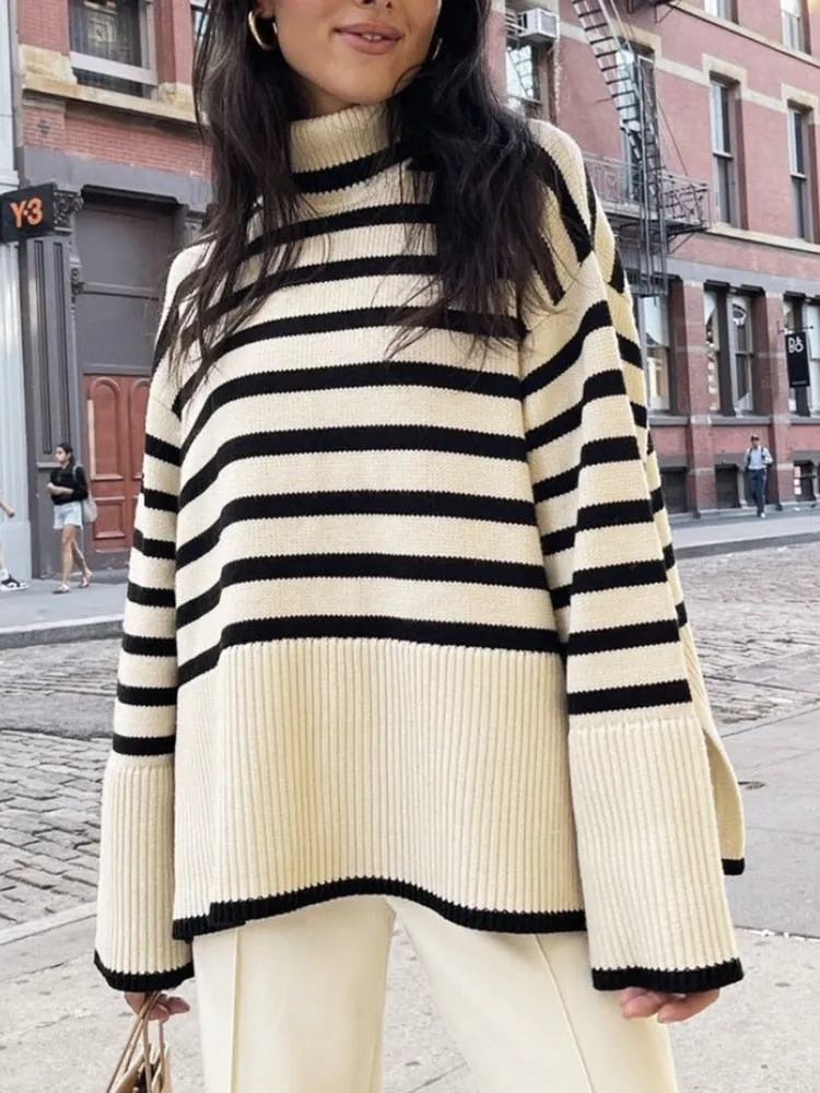 2022 Autumn New Women's High Collar Knitted Sweater Striped Slit Pullover Oversized Sweater Winter Clothes Women Thick Sweaters