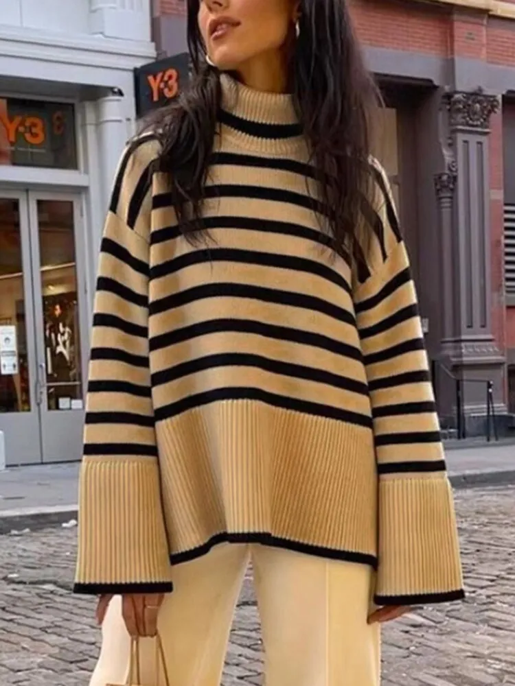 2022 Autumn New Women's High Collar Knitted Sweater Striped Slit Pullover Oversized Sweater Winter Clothes Women Thick Sweaters