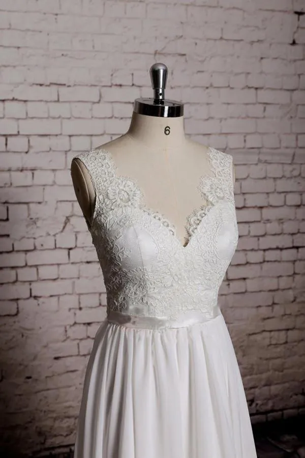 A-line Lace V-Neck Backless Sheath Long Wedding Dress WD058