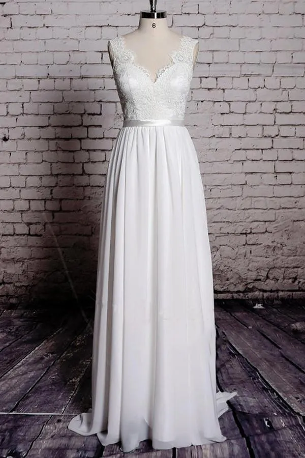 A-line Lace V-Neck Backless Sheath Long Wedding Dress WD058