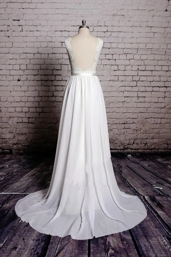 A-line Lace V-Neck Backless Sheath Long Wedding Dress WD058