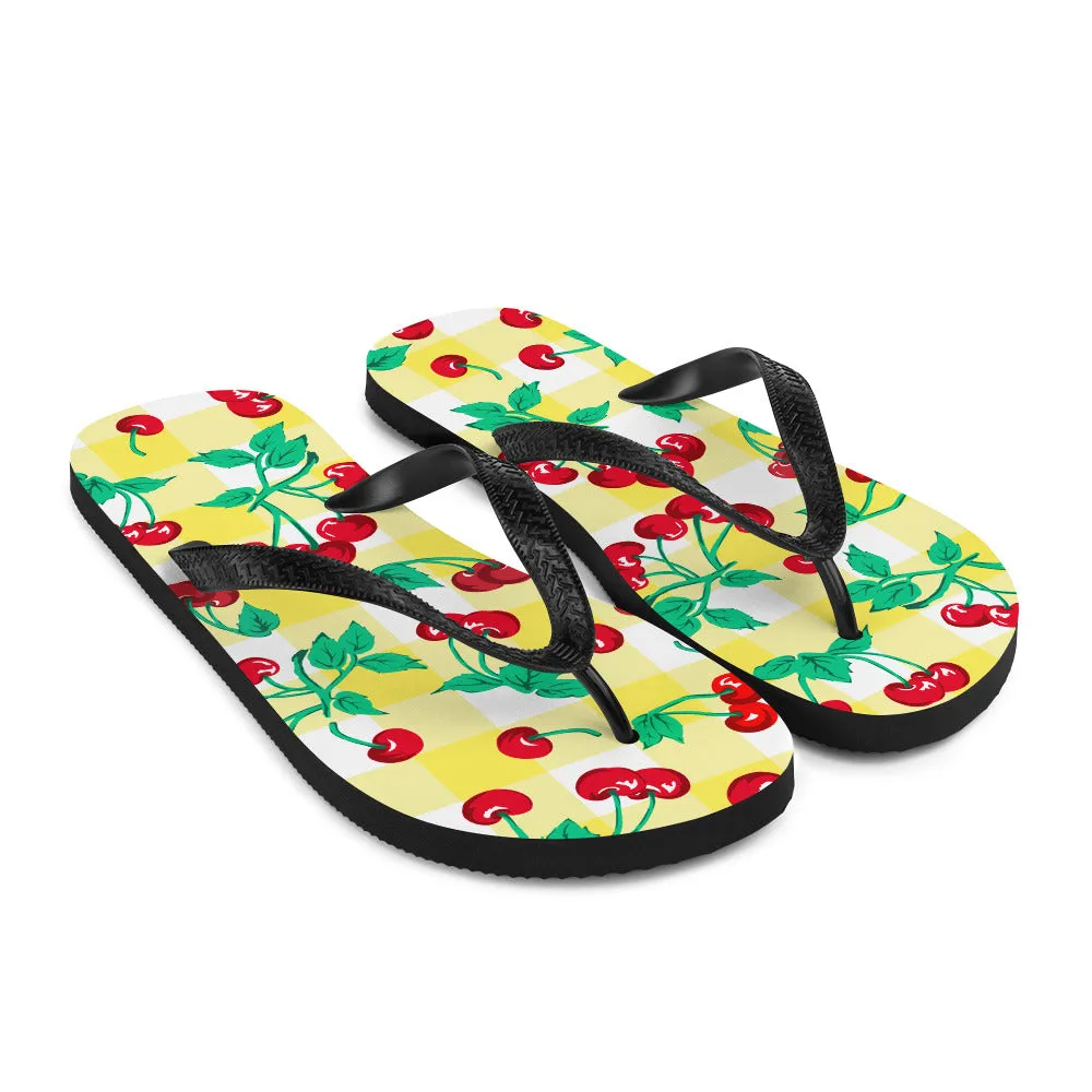 Amie Thong Flip-Flop Beach Sandals in Yellow Gingham Cherry Girl | Pinup Couture Relaxed