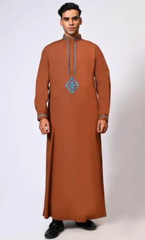 Artisanal Embroidery: Men's Brown Embroideerd Thobe With Pockets