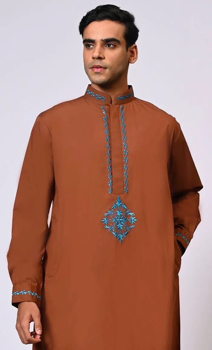 Artisanal Embroidery: Men's Brown Embroideerd Thobe With Pockets