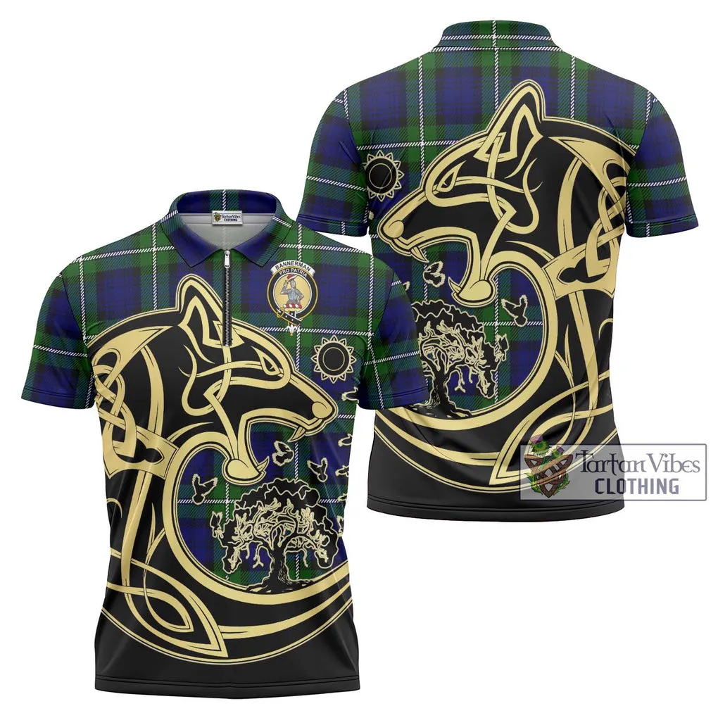 Bannerman Tartan Zipper Polo Shirt with Family Crest Celtic Wolf Style