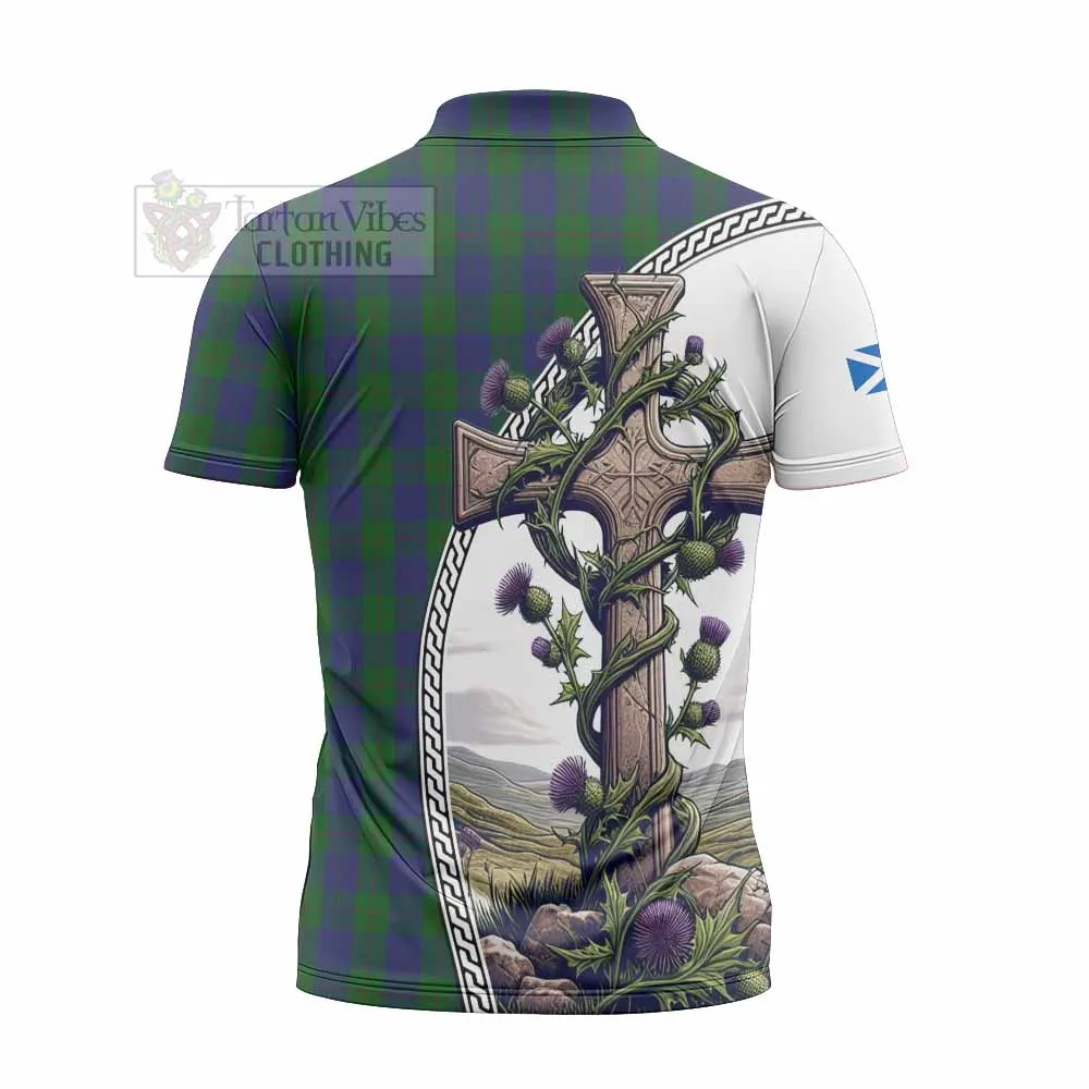 Barclay Tartan Zipper Polo Shirt with Family Crest and St. Andrew's Cross Accented by Thistle Vines