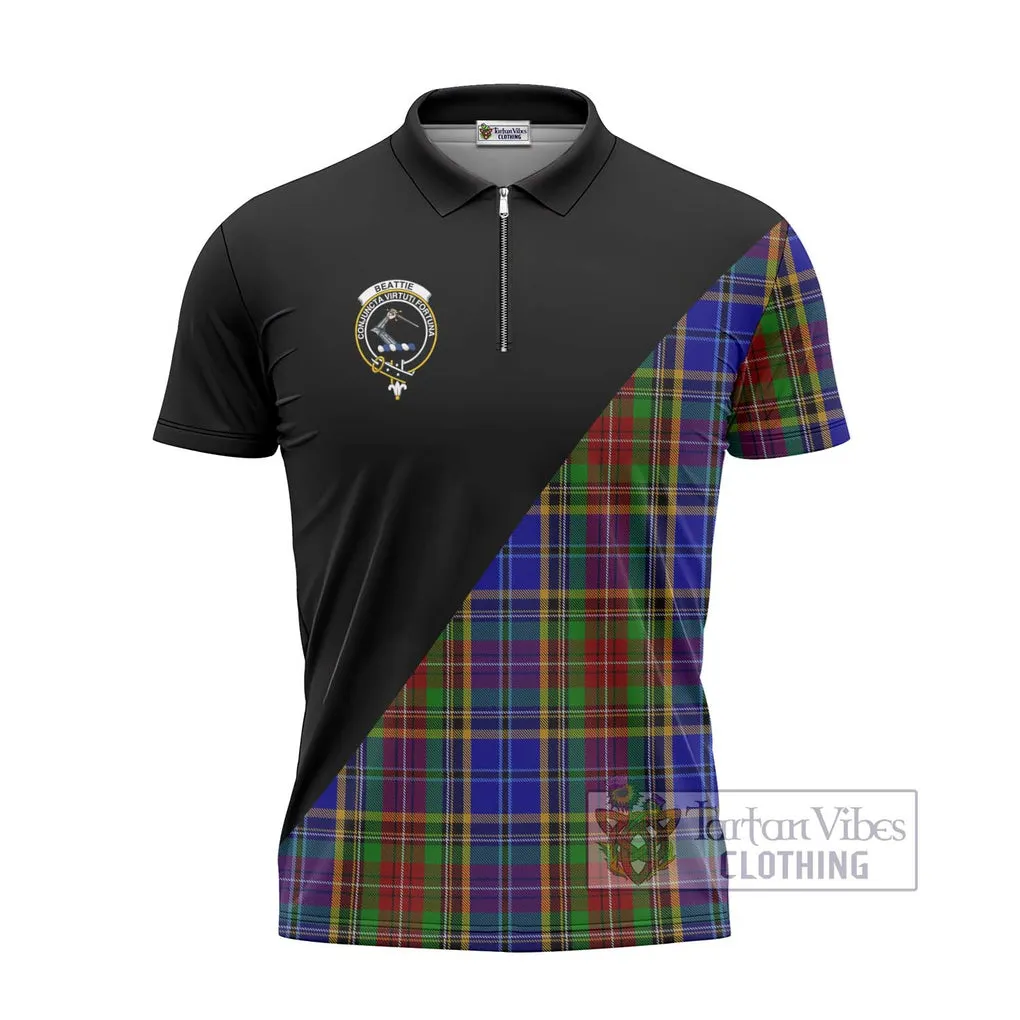 Beattie Tartan Zipper Polo Shirt with Family Crest and Military Logo Style