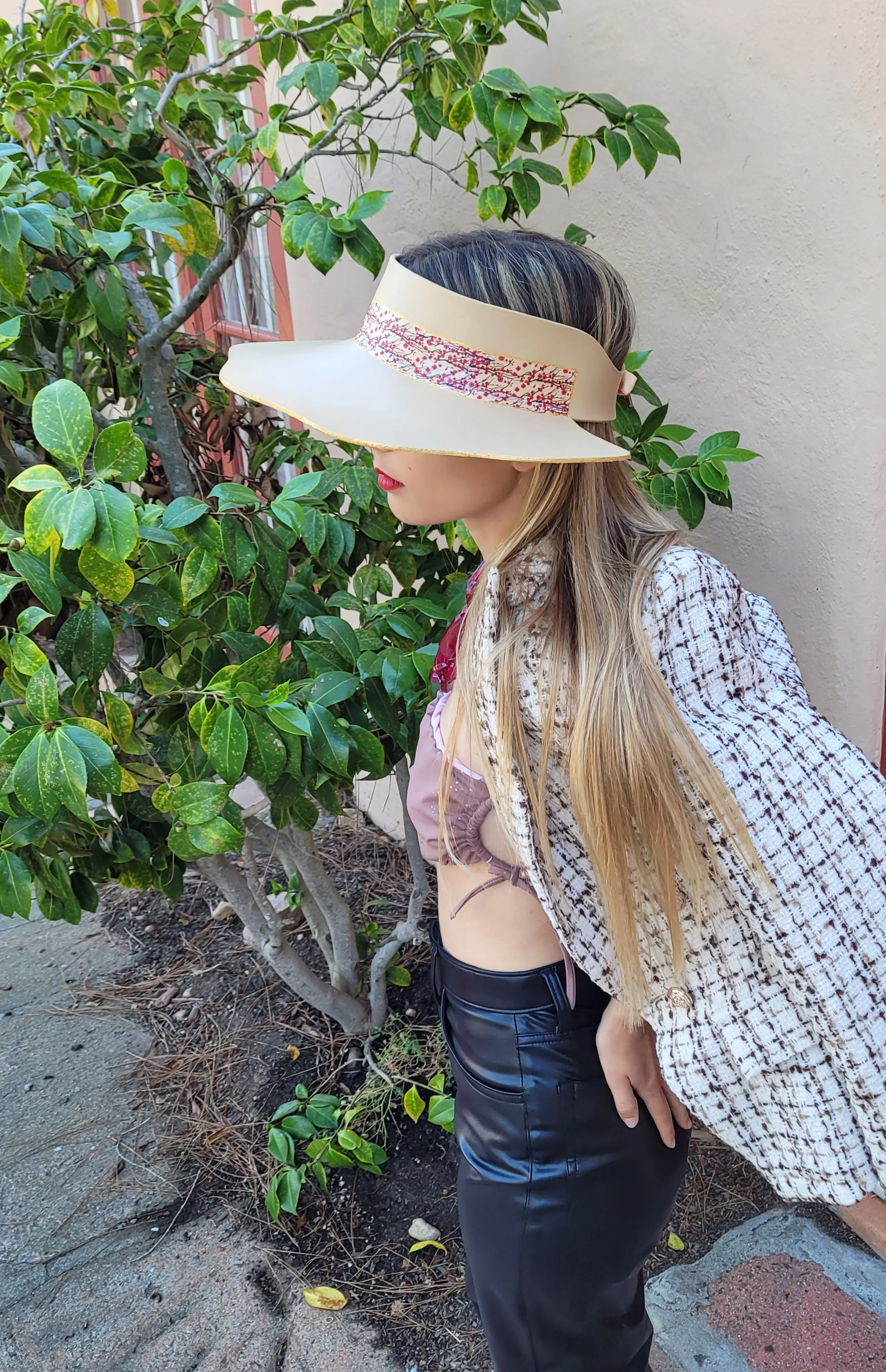 Beige Lotus Visor Hat with Magenta Cherry Blossom Floral Band