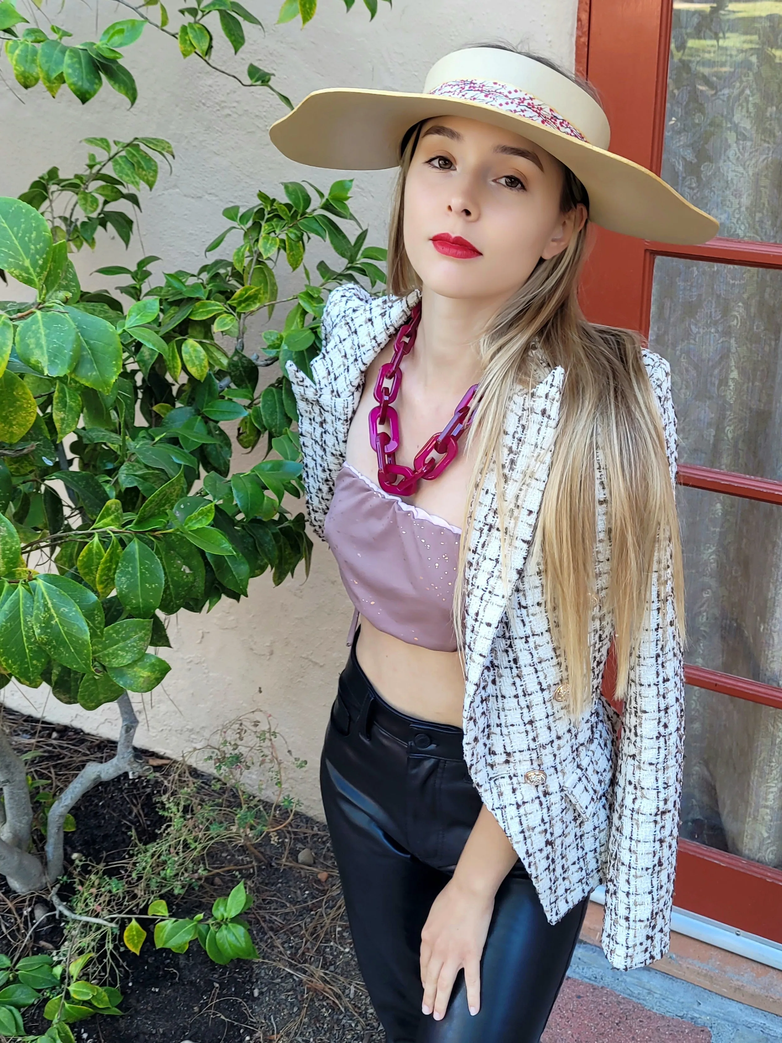 Beige Lotus Visor Hat with Magenta Cherry Blossom Floral Band