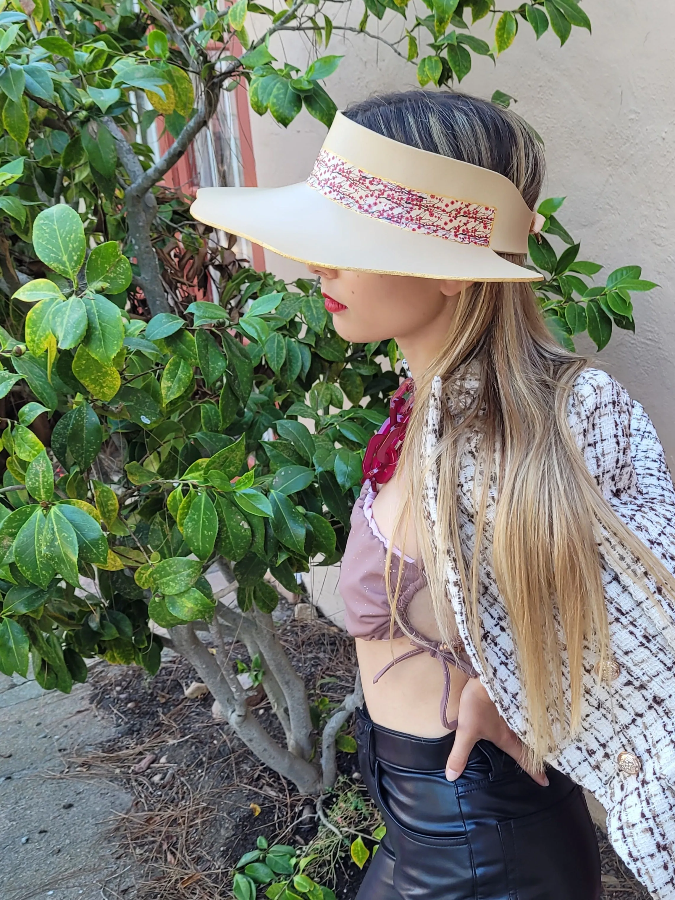 Beige Lotus Visor Hat with Magenta Cherry Blossom Floral Band