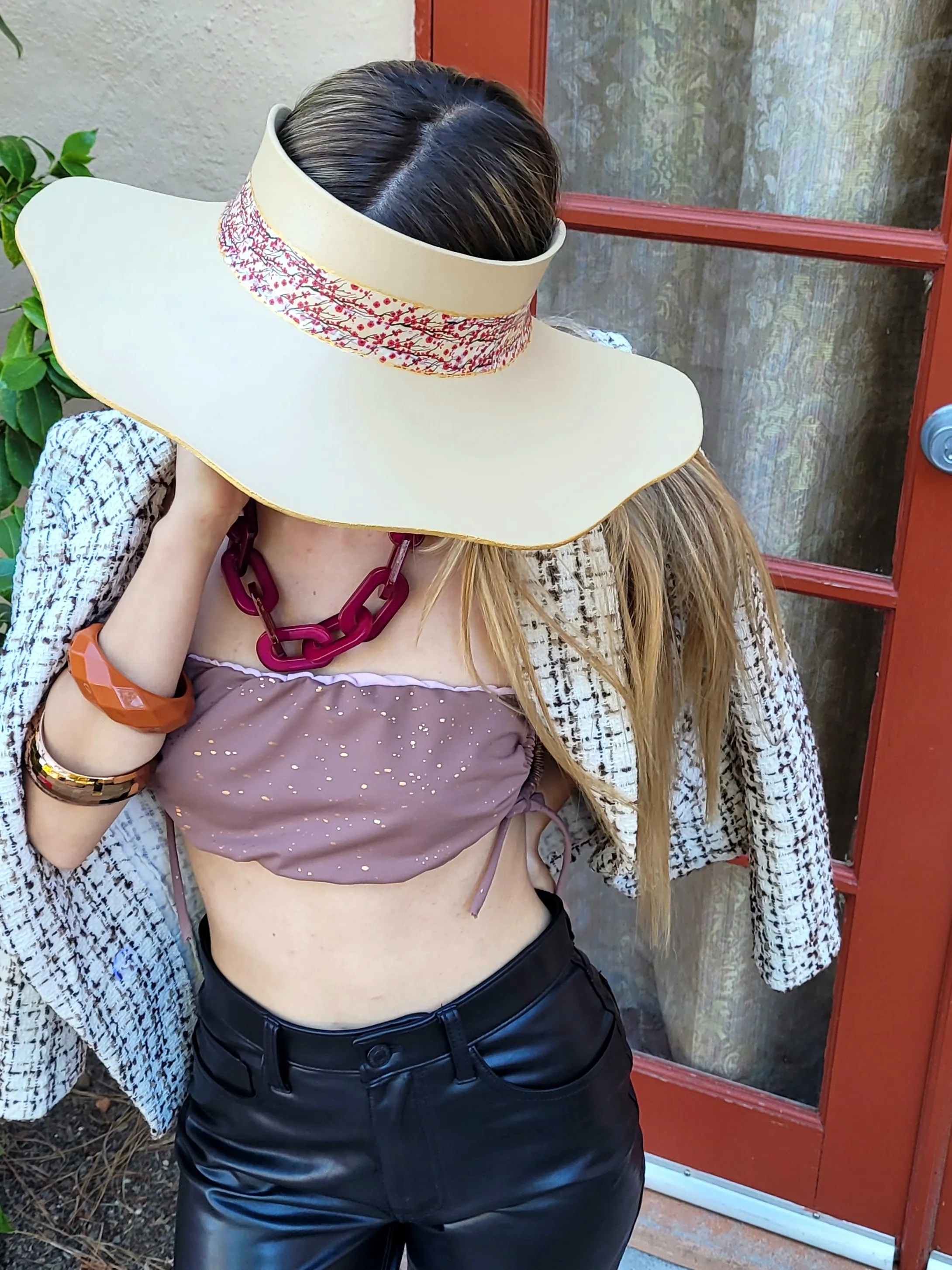 Beige Lotus Visor Hat with Magenta Cherry Blossom Floral Band