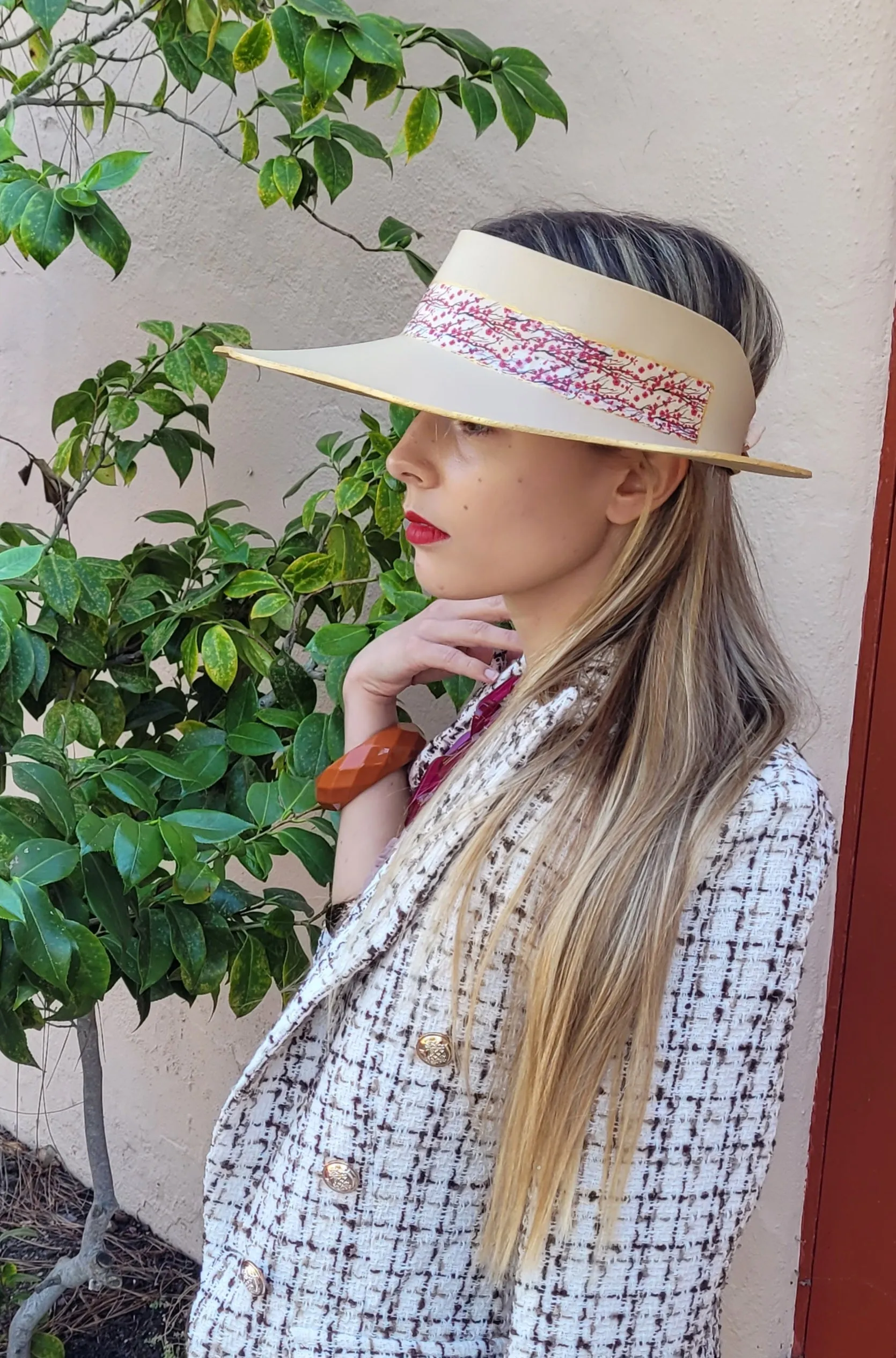 Beige Lotus Visor Hat with Magenta Cherry Blossom Floral Band