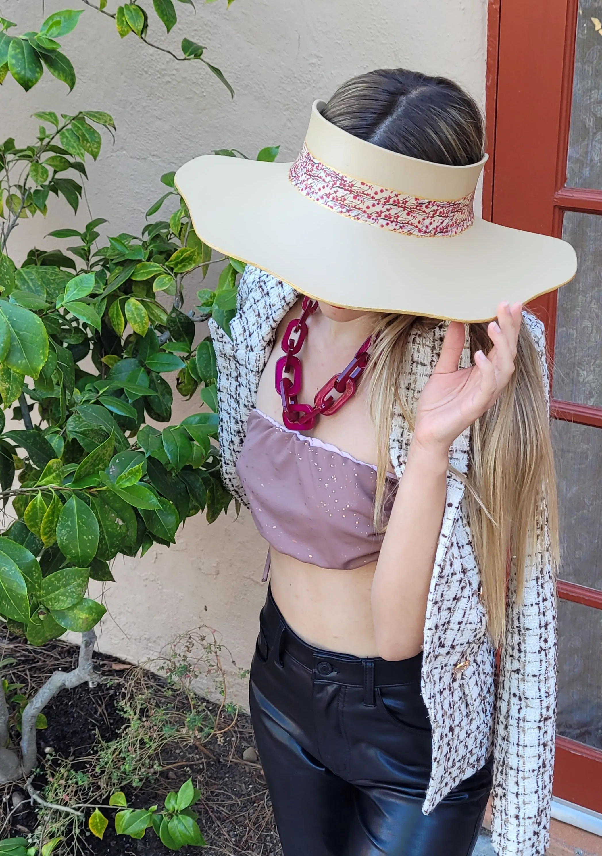 Beige Lotus Visor Hat with Magenta Cherry Blossom Floral Band