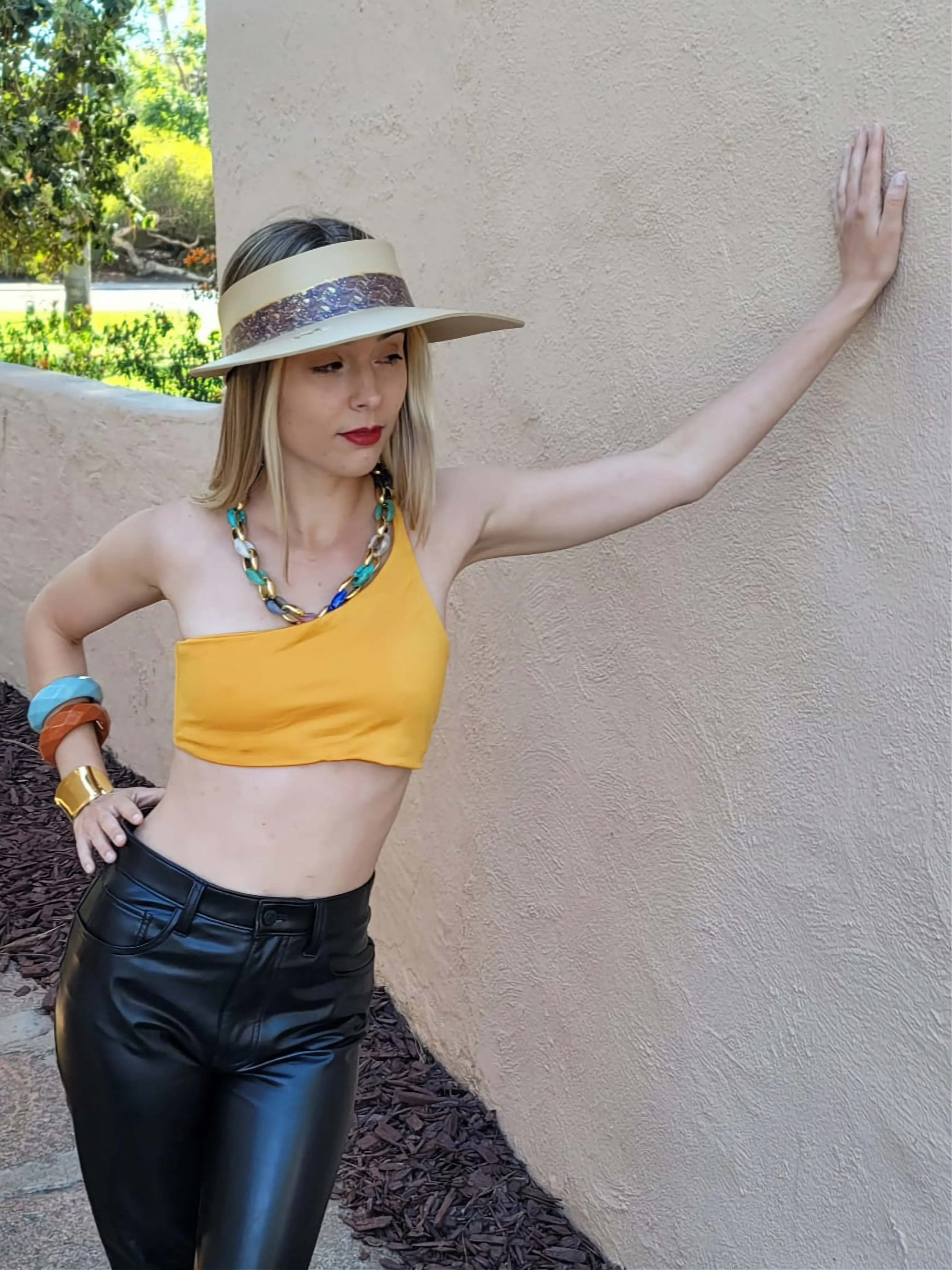 Beige "LadyEVA" Visor Hat with Delicate Purple Leaf Pattern Band and Gold Accents