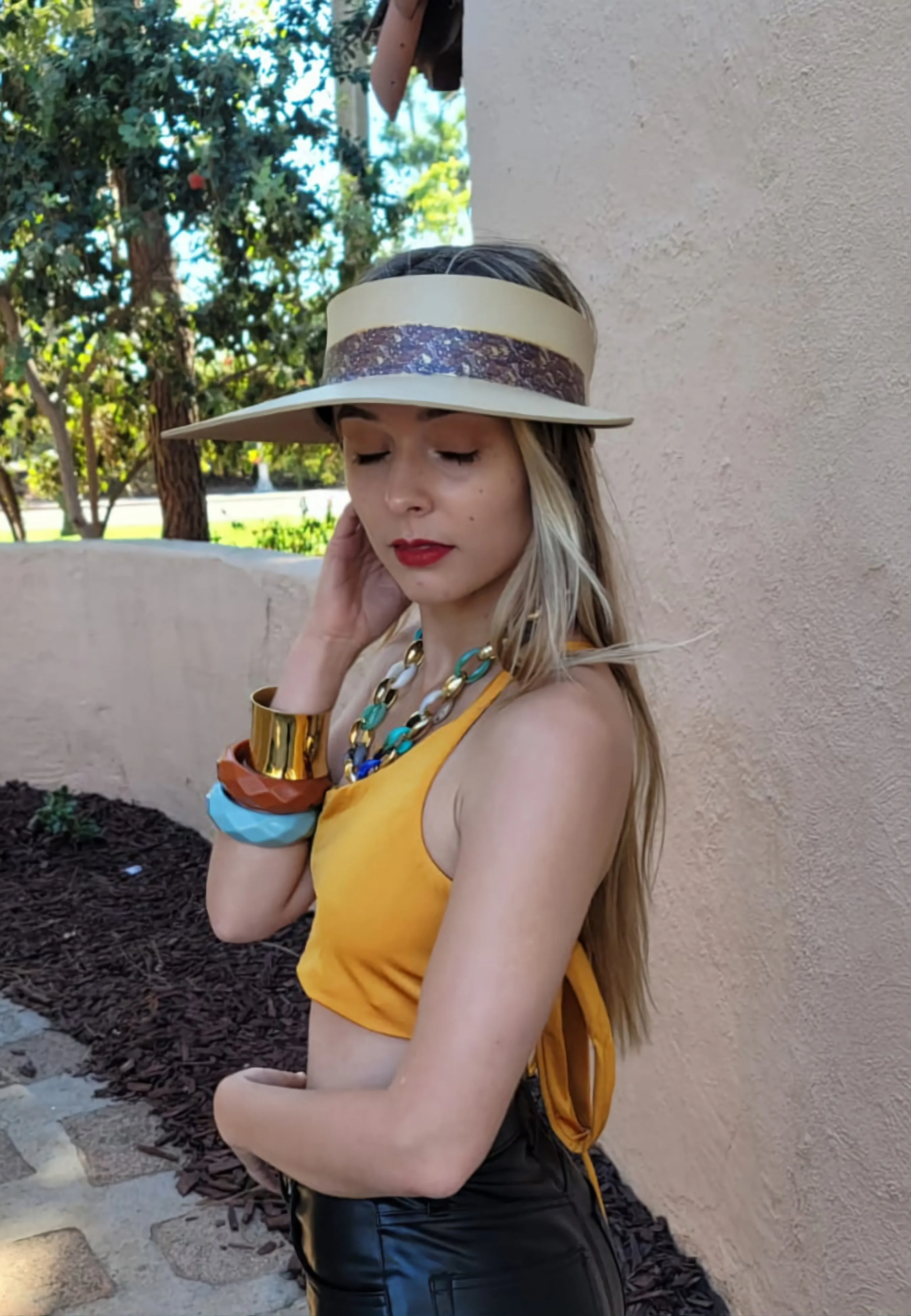 Beige "LadyEVA" Visor Hat with Delicate Purple Leaf Pattern Band and Gold Accents