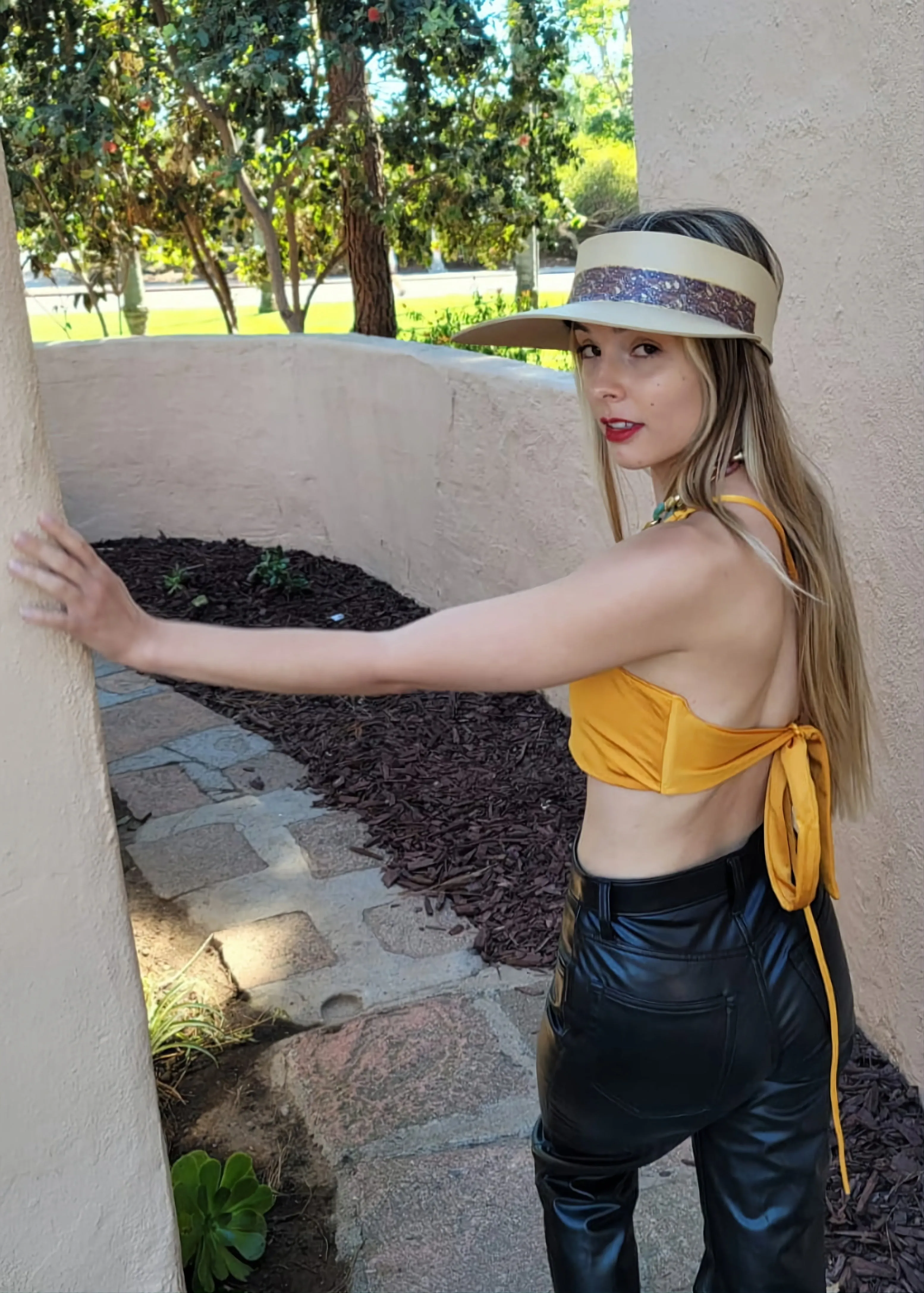 Beige "LadyEVA" Visor Hat with Delicate Purple Leaf Pattern Band and Gold Accents