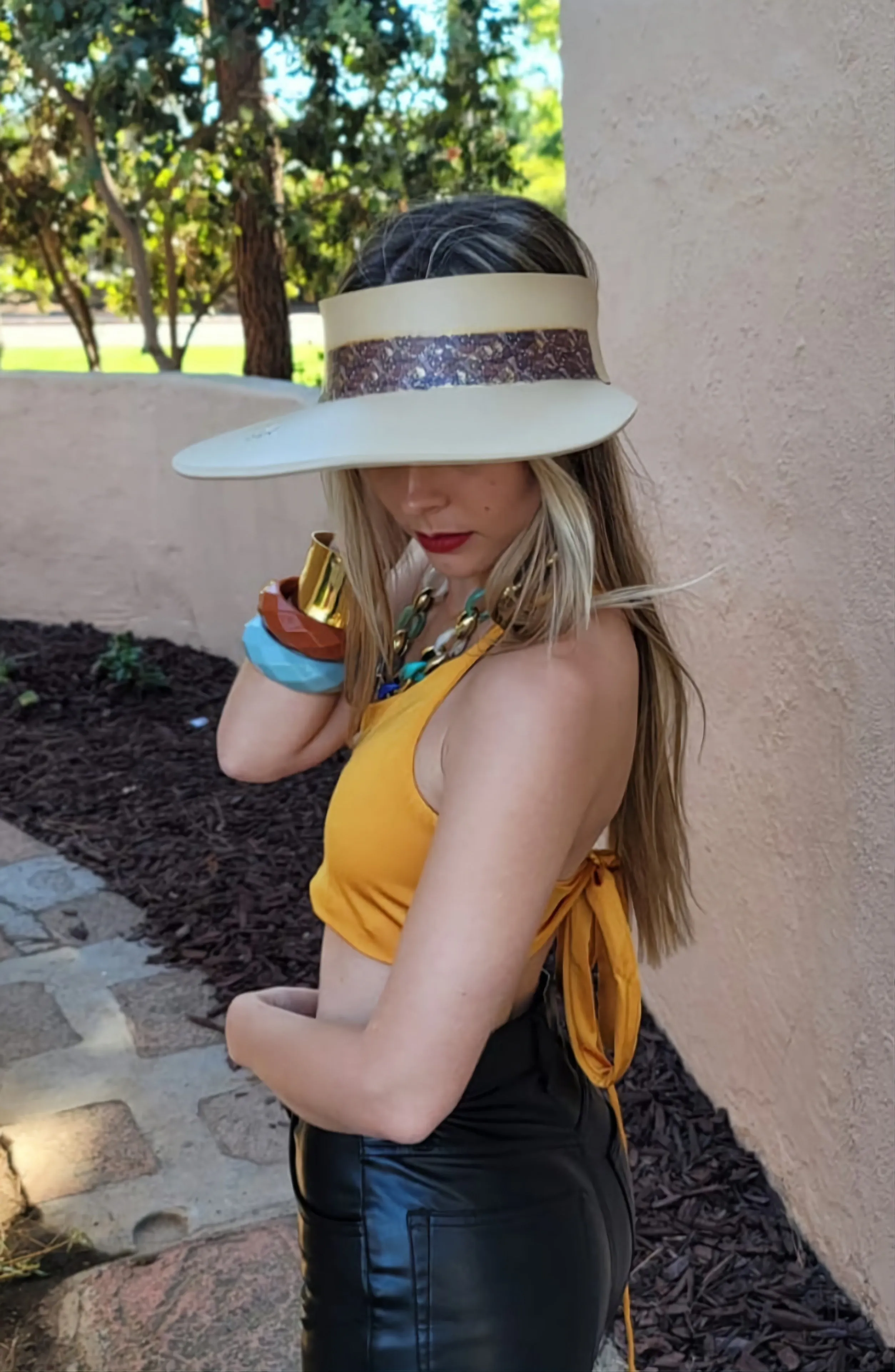 Beige "LadyEVA" Visor Hat with Delicate Purple Leaf Pattern Band and Gold Accents