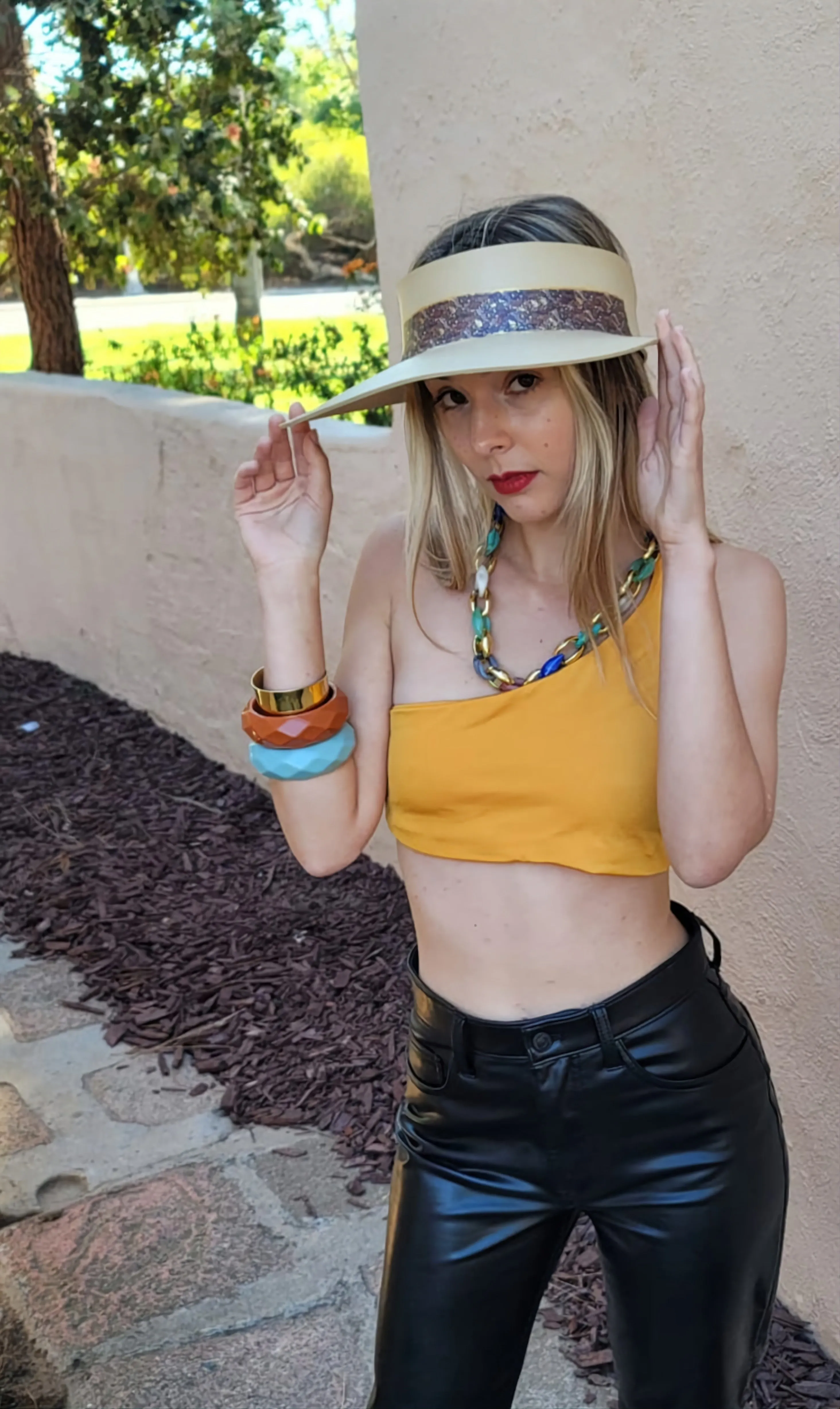 Beige "LadyEVA" Visor Hat with Delicate Purple Leaf Pattern Band and Gold Accents