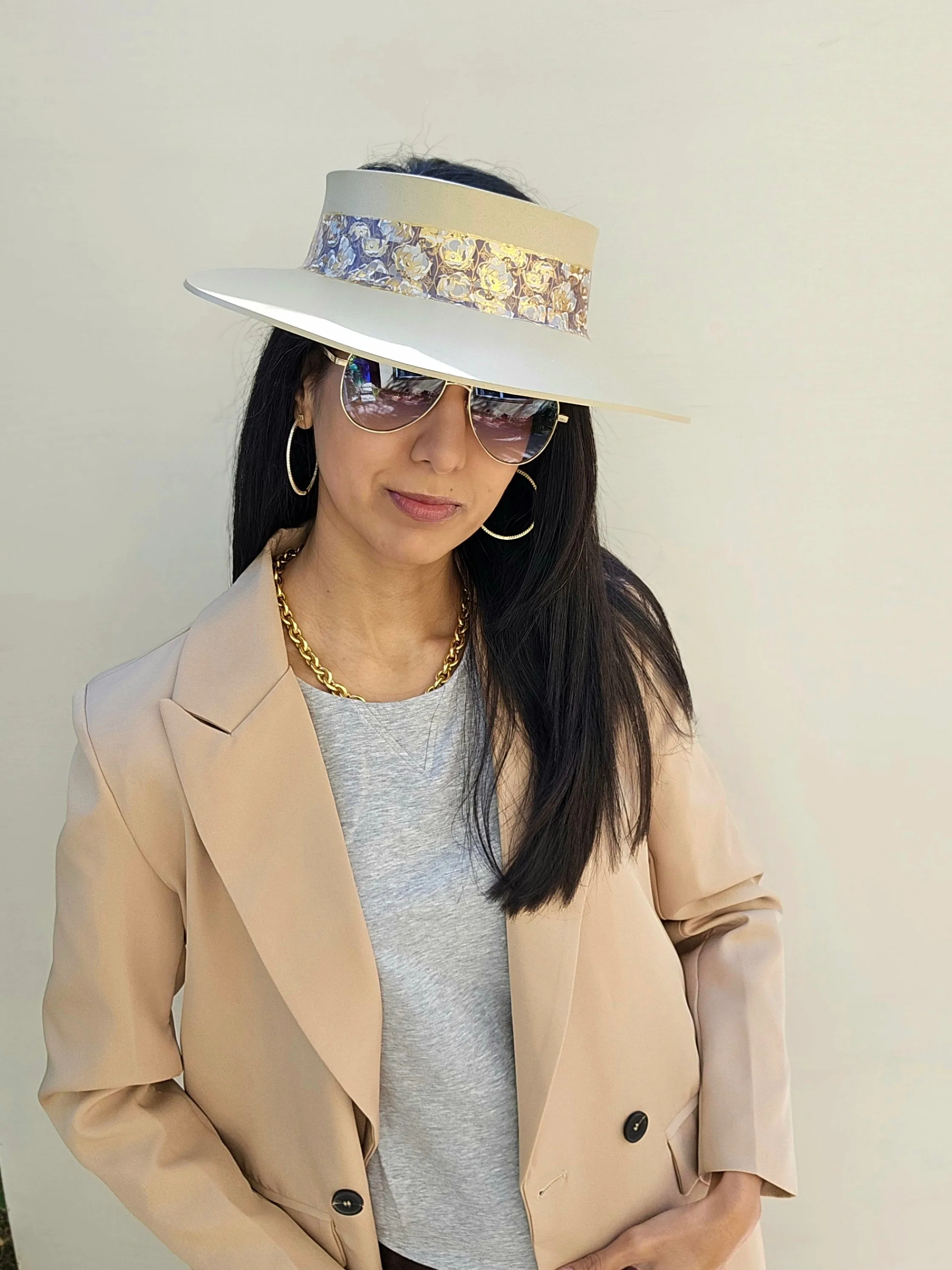 Beige "LadyEVA" Visor Hat with Golden Floral Band