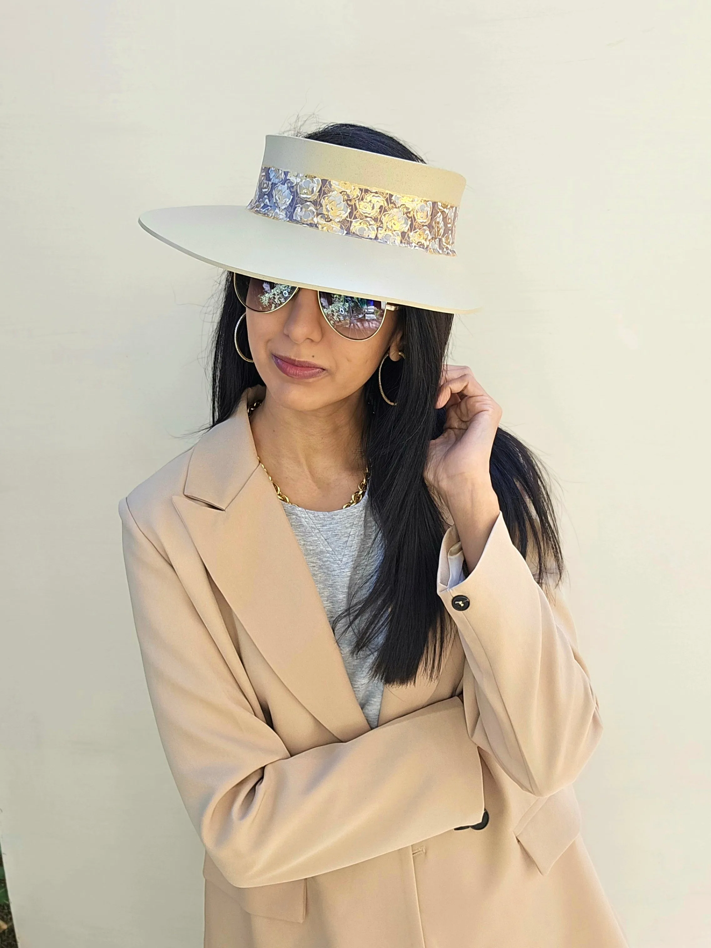 Beige "LadyEVA" Visor Hat with Golden Floral Band