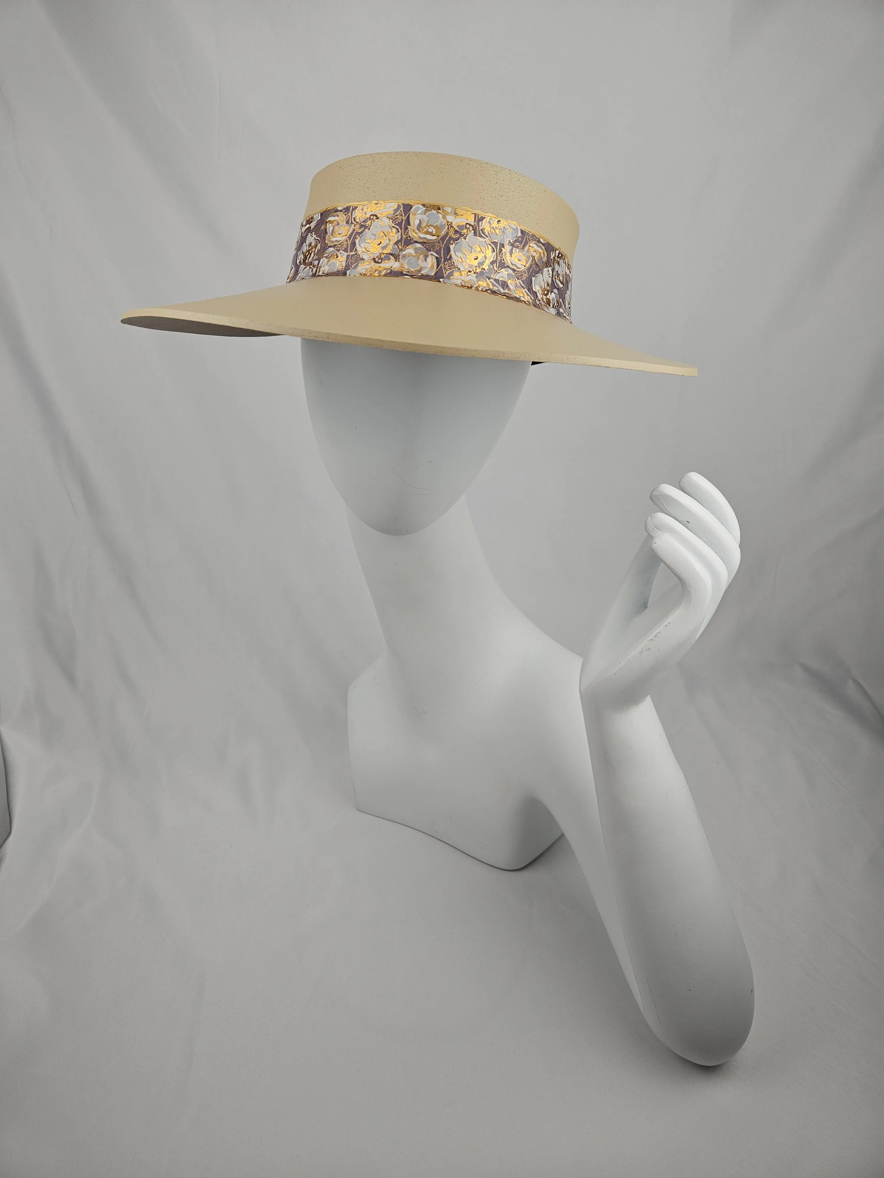 Beige "LadyEVA" Visor Hat with Golden Floral Band