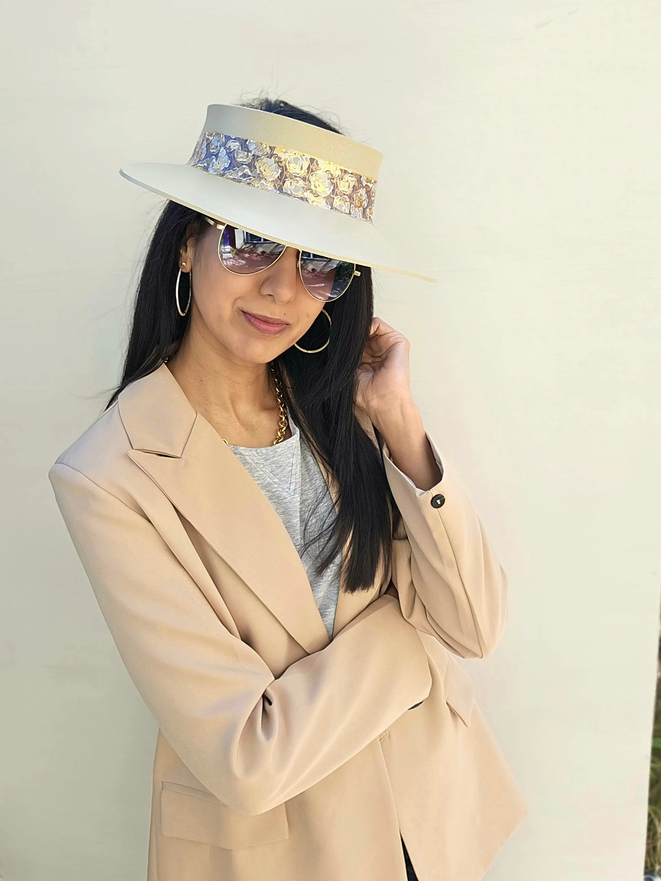 Beige "LadyEVA" Visor Hat with Golden Floral Band