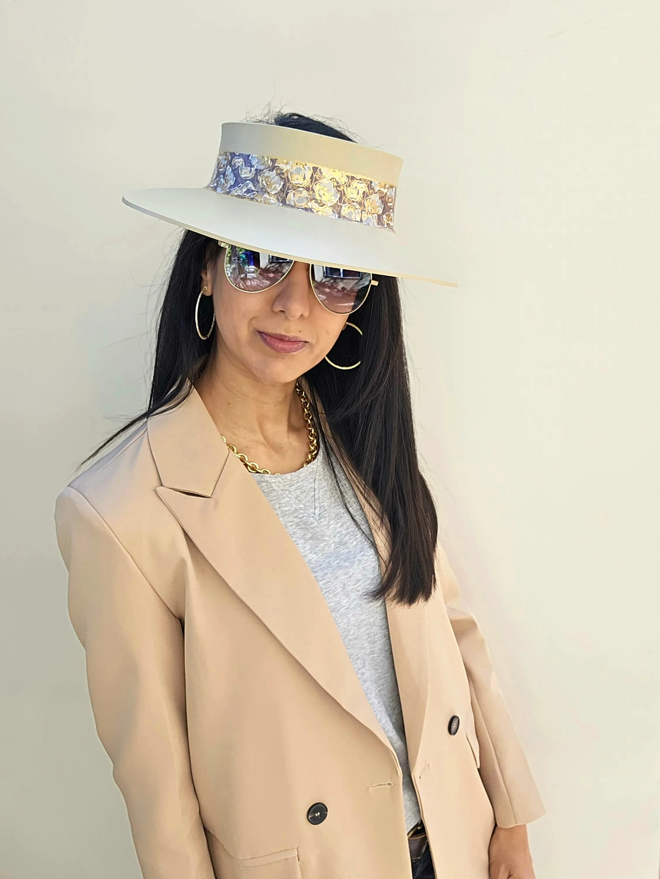 Beige "LadyEVA" Visor Hat with Golden Floral Band