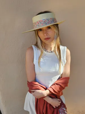 Beige "LadyEVA" Visor Hat with Pink Floral Band