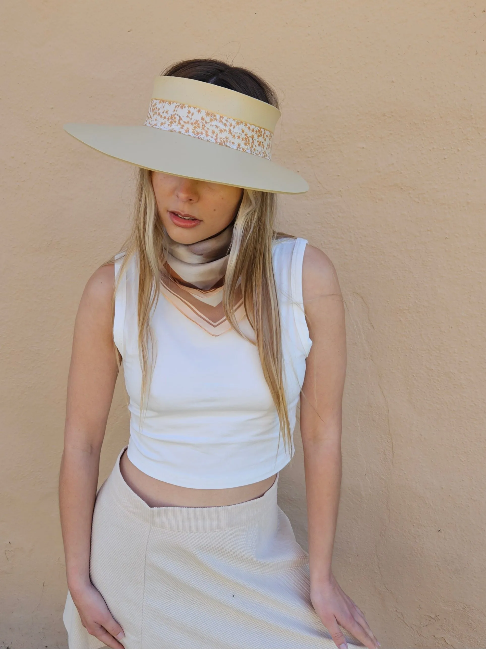 Beige "LadyEVA" Visor Hat with Rust Orange Leaf Band