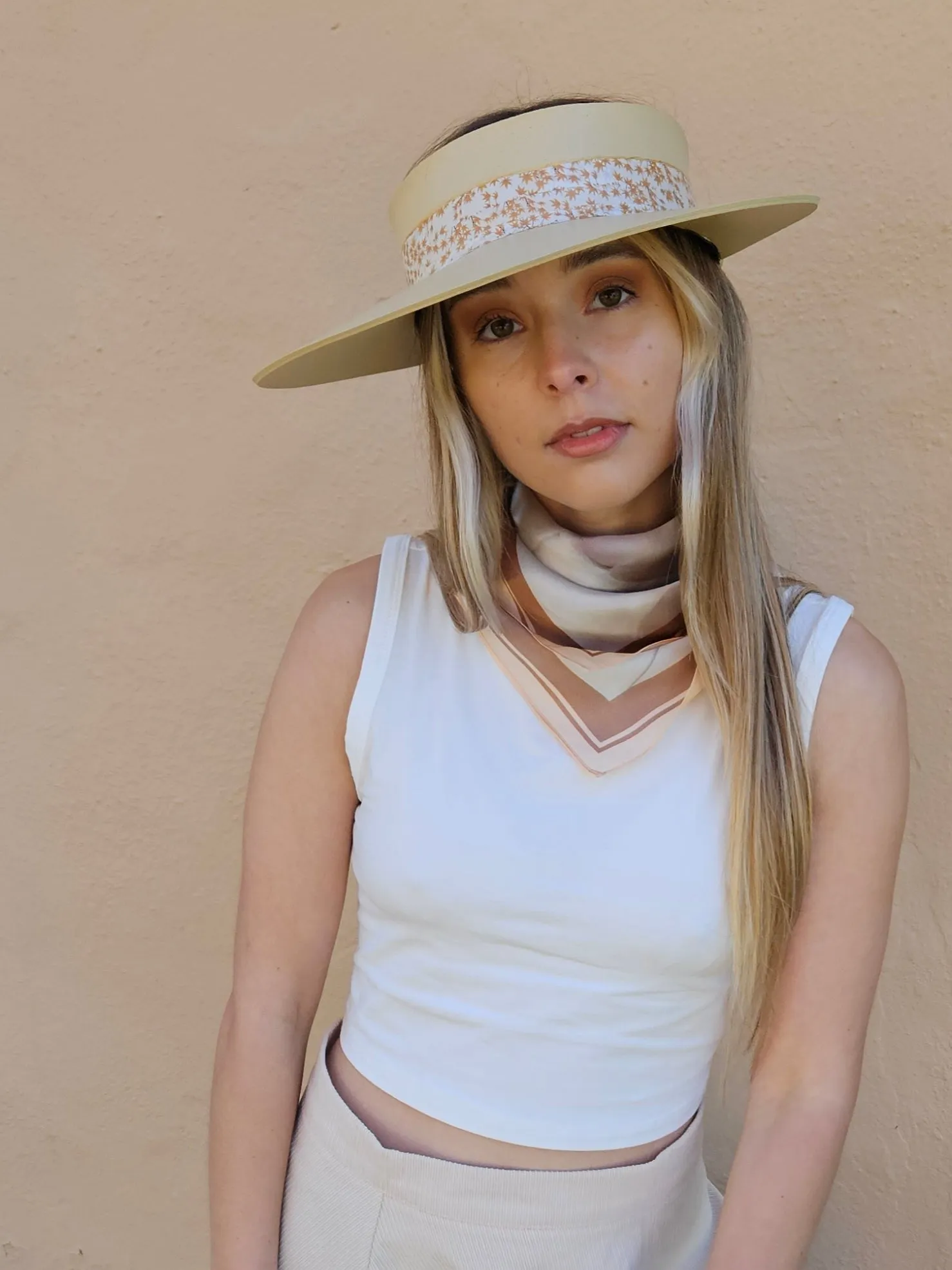 Beige "LadyEVA" Visor Hat with Rust Orange Leaf Band