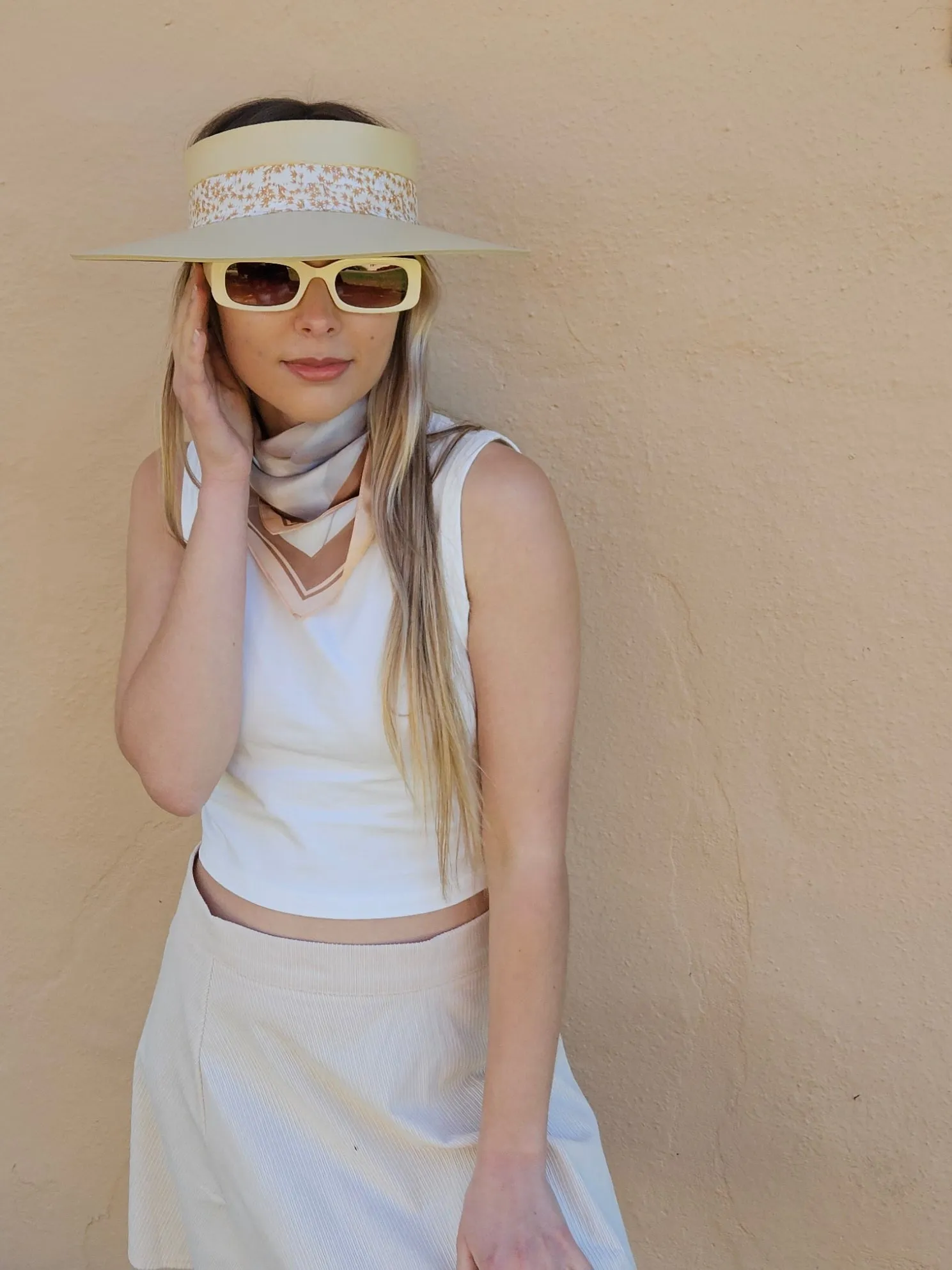 Beige "LadyEVA" Visor Hat with Rust Orange Leaf Band