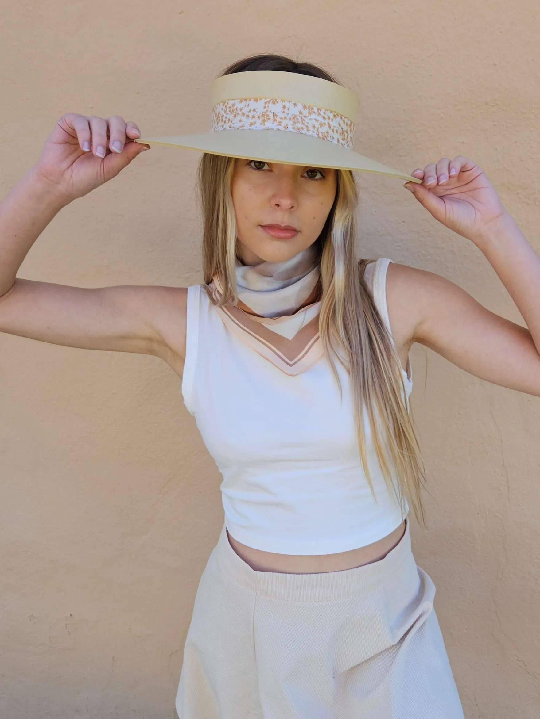 Beige "LadyEVA" Visor Hat with Rust Orange Leaf Band