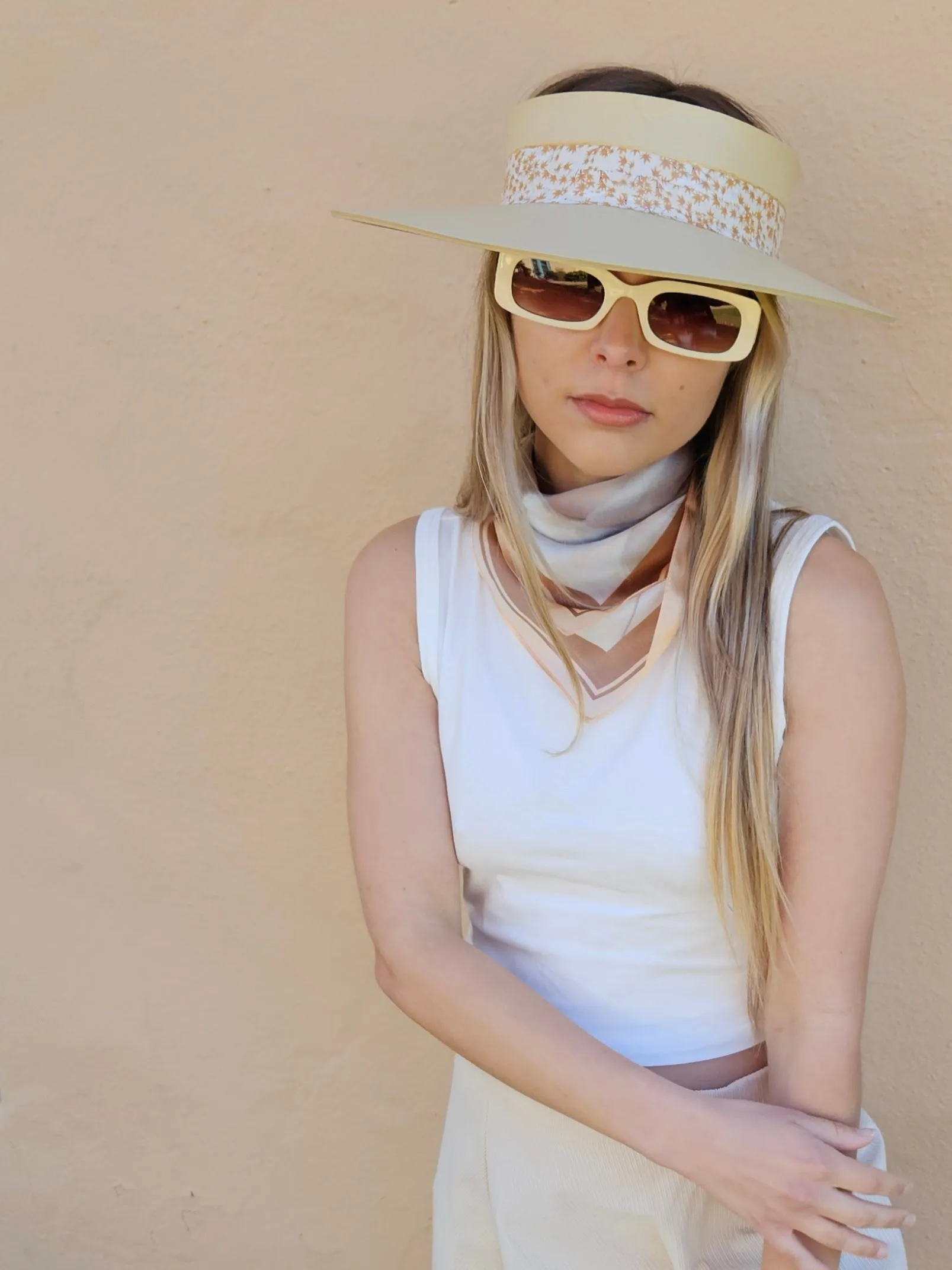 Beige "LadyEVA" Visor Hat with Rust Orange Leaf Band