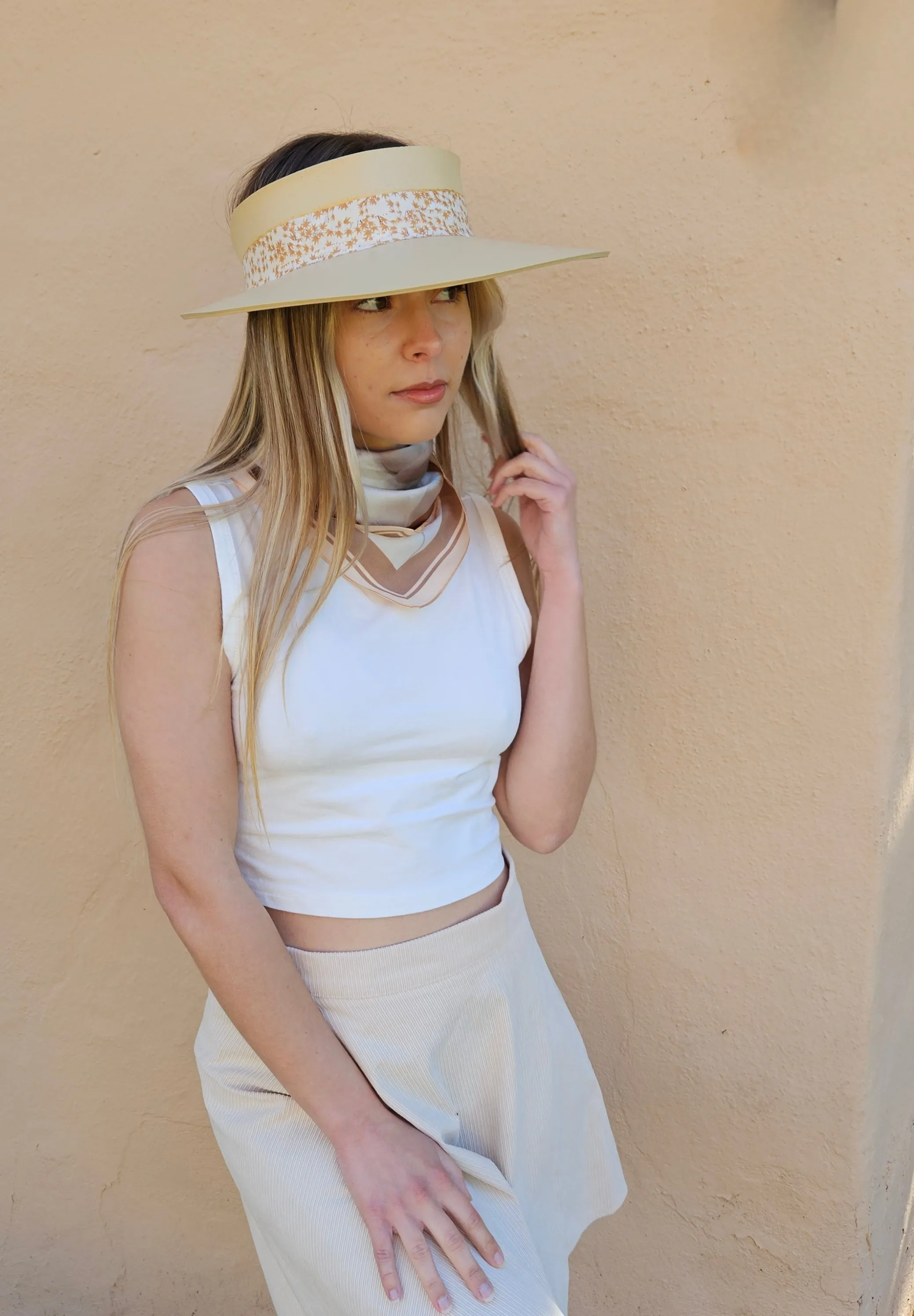 Beige "LadyEVA" Visor Hat with Rust Orange Leaf Band