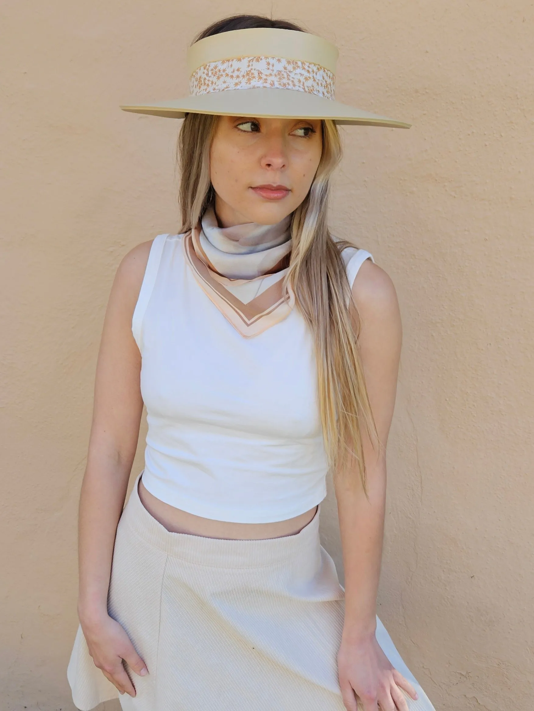 Beige "LadyEVA" Visor Hat with Rust Orange Leaf Band