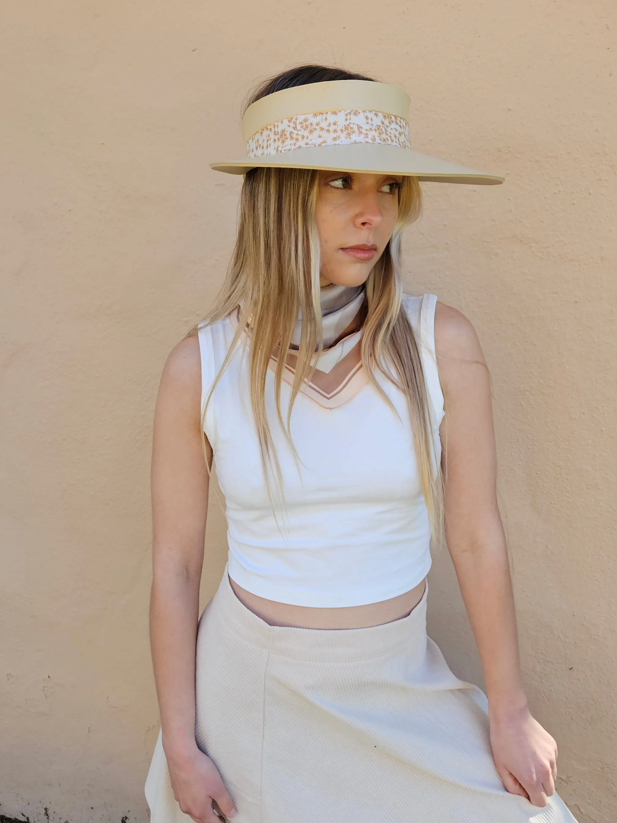 Beige "LadyEVA" Visor Hat with Rust Orange Leaf Band