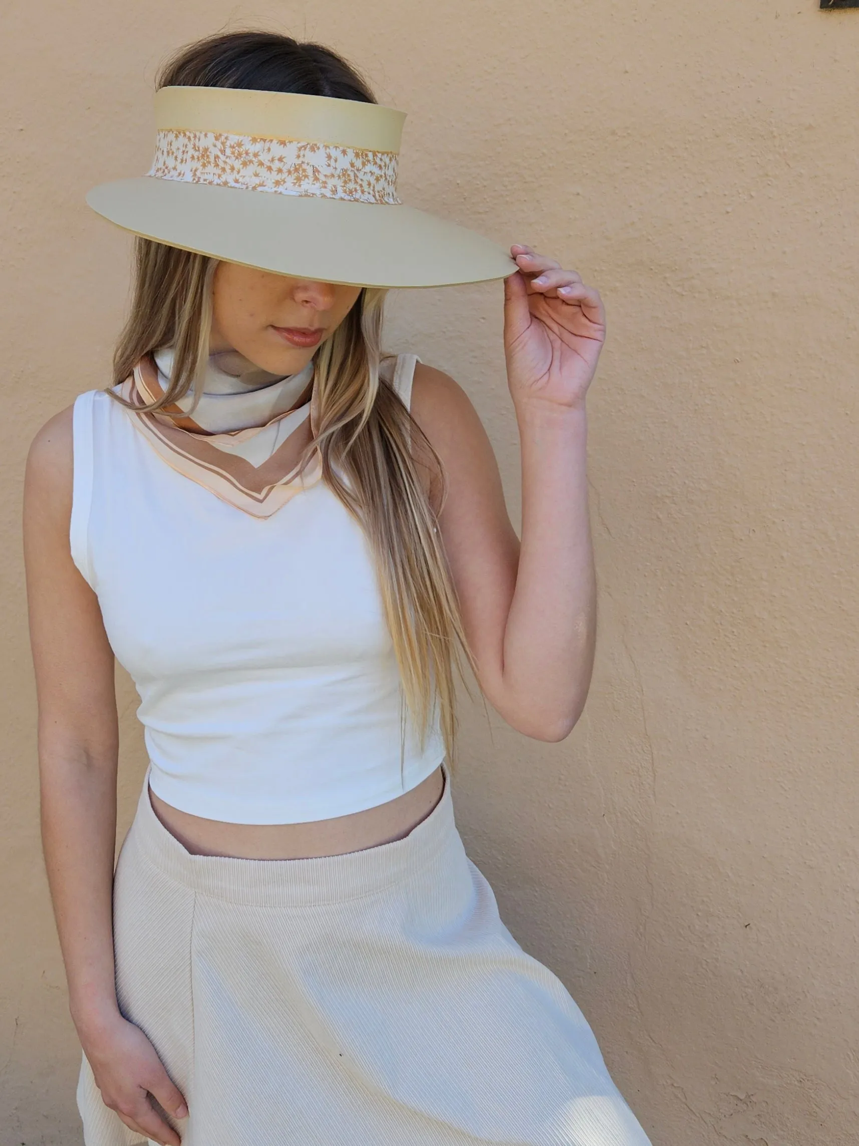 Beige "LadyEVA" Visor Hat with Rust Orange Leaf Band