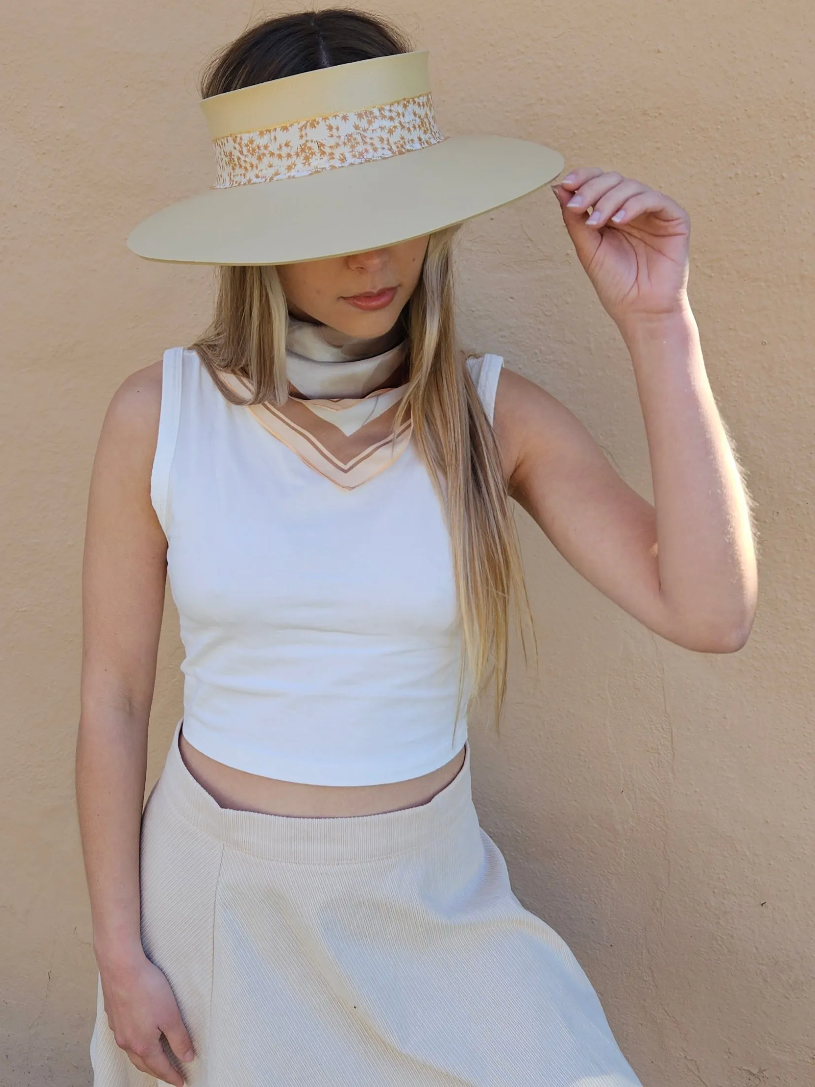 Beige "LadyEVA" Visor Hat with Rust Orange Leaf Band