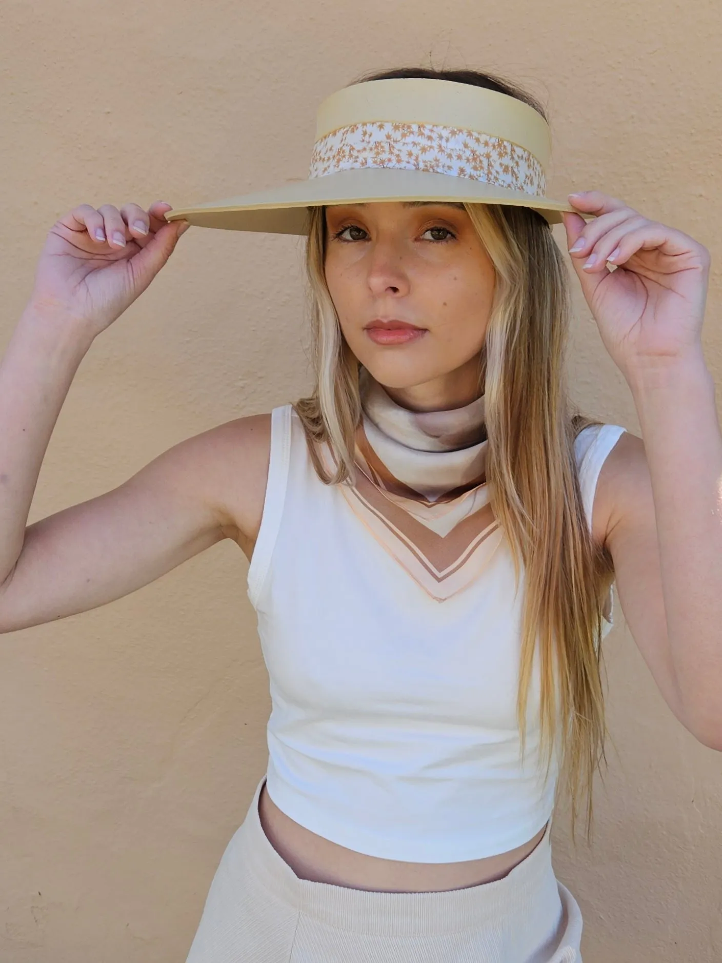 Beige "LadyEVA" Visor Hat with Rust Orange Leaf Band