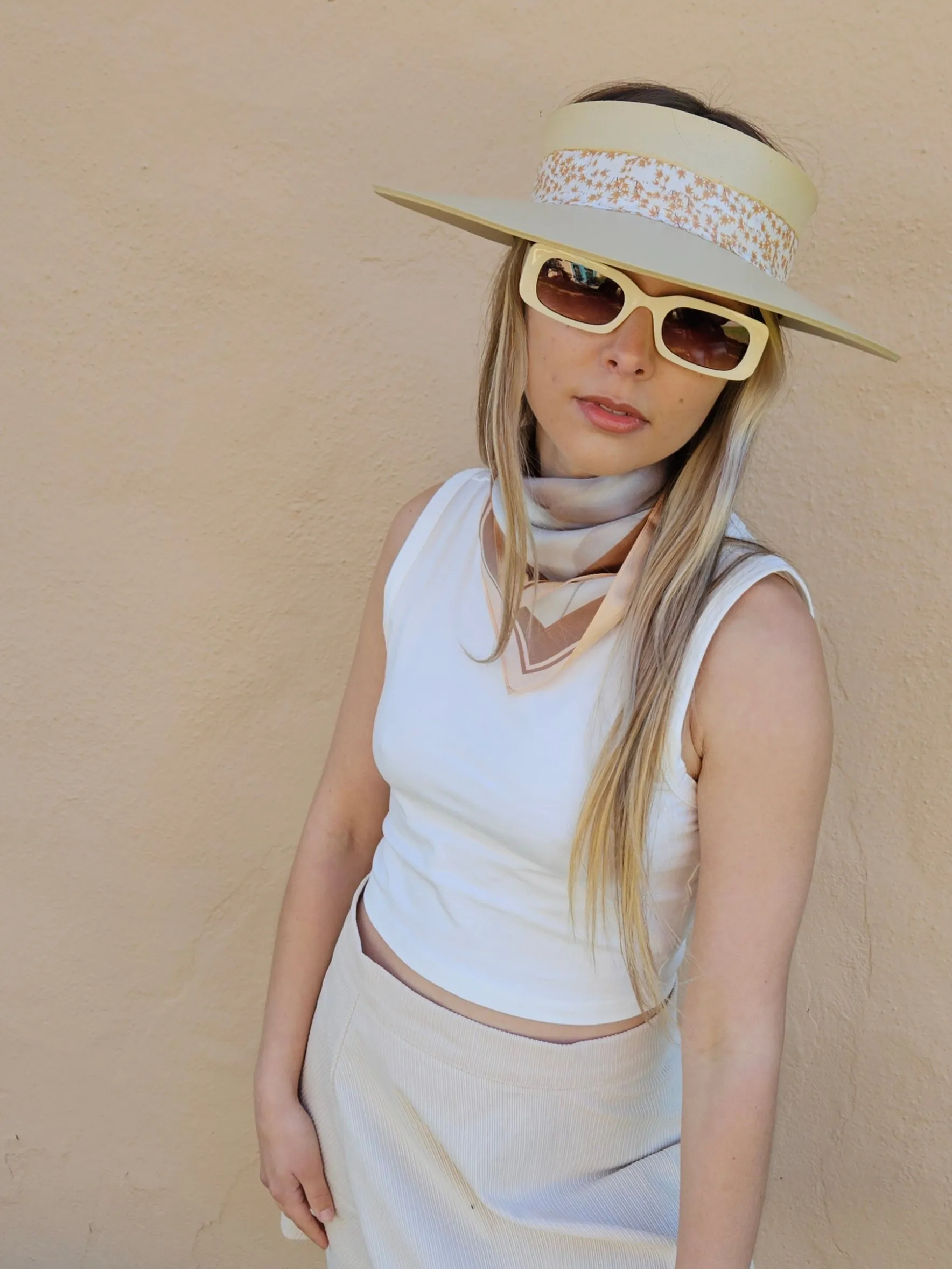 Beige "LadyEVA" Visor Hat with Rust Orange Leaf Band