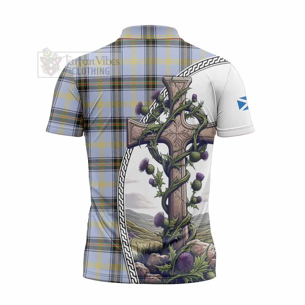 Bell Tartan Zipper Polo Shirt with Family Crest and St. Andrew's Cross Accented by Thistle Vines