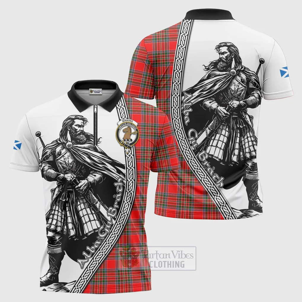 Binning Tartan Clan Crest Zipper Polo Shirt with Highlander Warrior Celtic Style