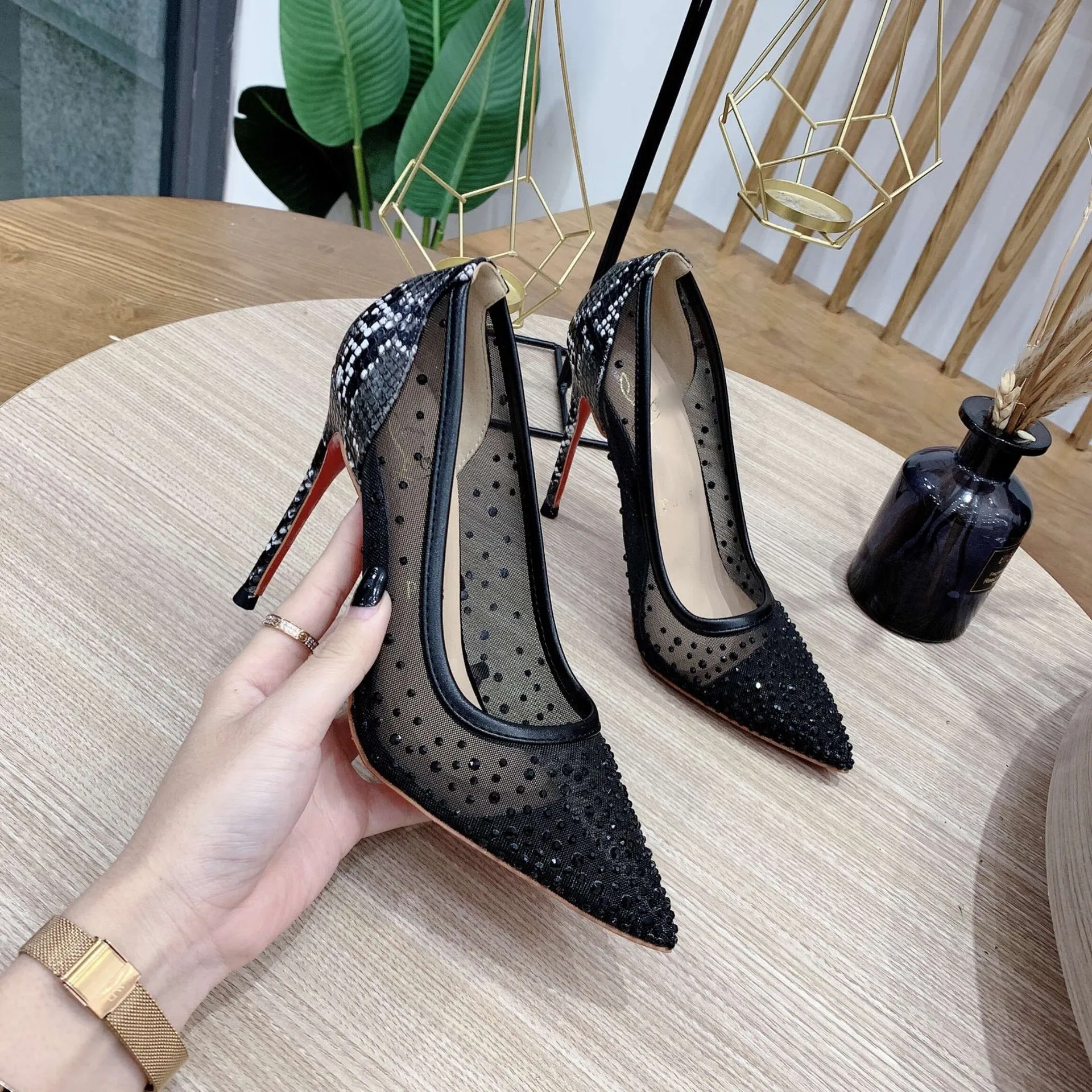 Black Net Rhinestone Snake Print High Heels Stiletto Sexy Pointy Shallow Mouth Work Shoes Trend