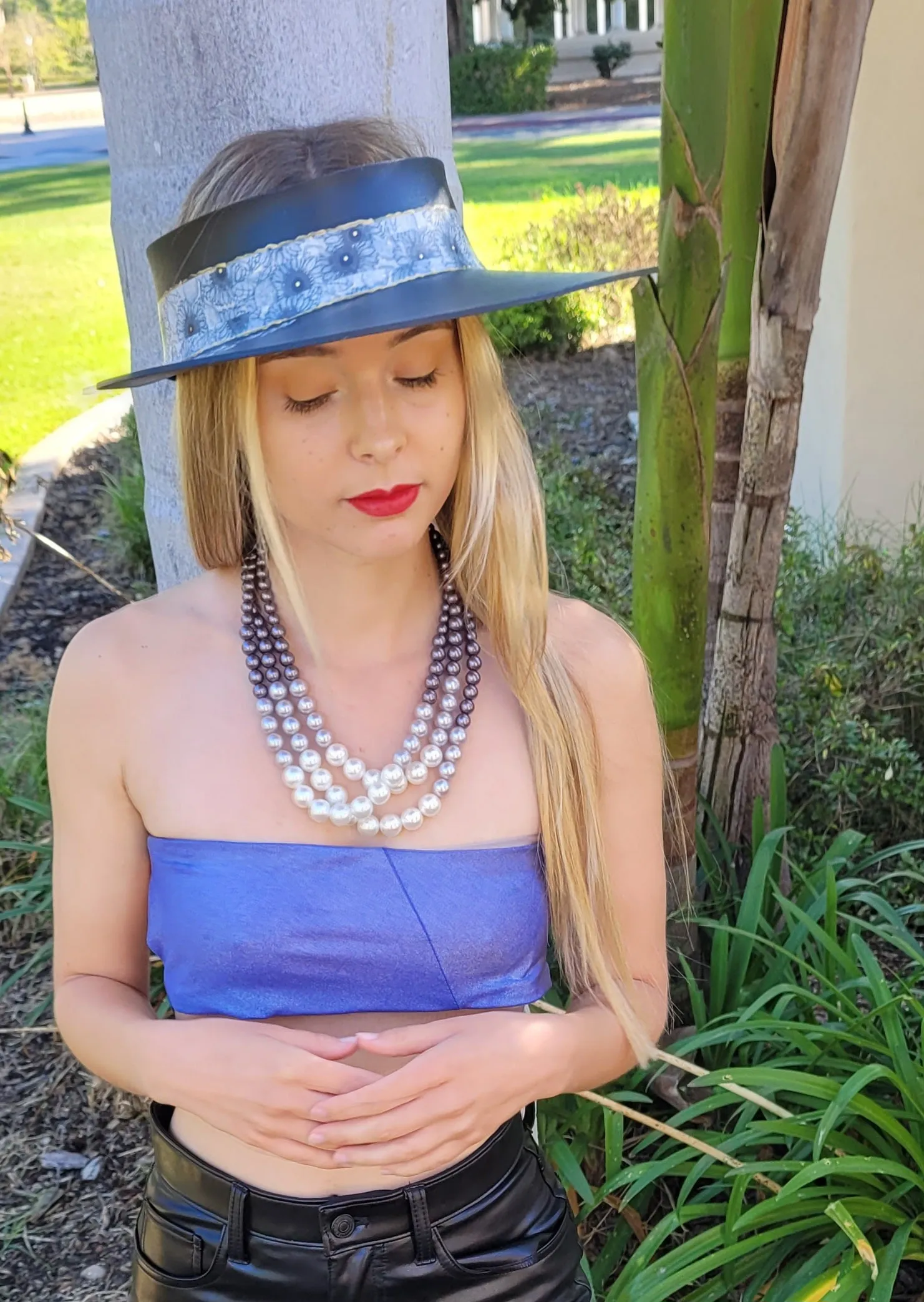 Black "LadyEVA" Visor Hat with Black and White Floral Band, Silver and Handpainted Floral Motif