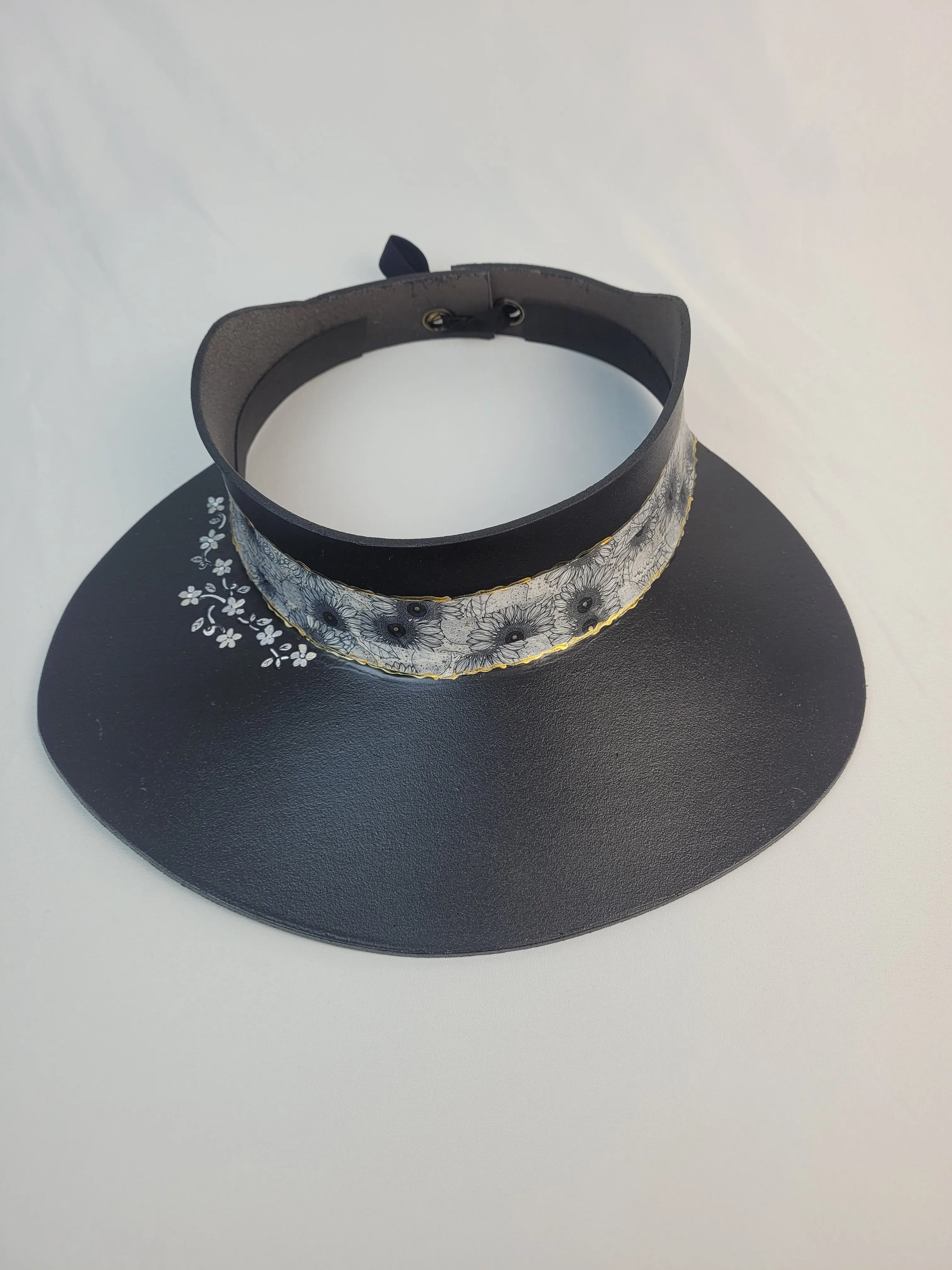 Black "LadyEVA" Visor Hat with Black and White Floral Band, Silver and Handpainted Floral Motif