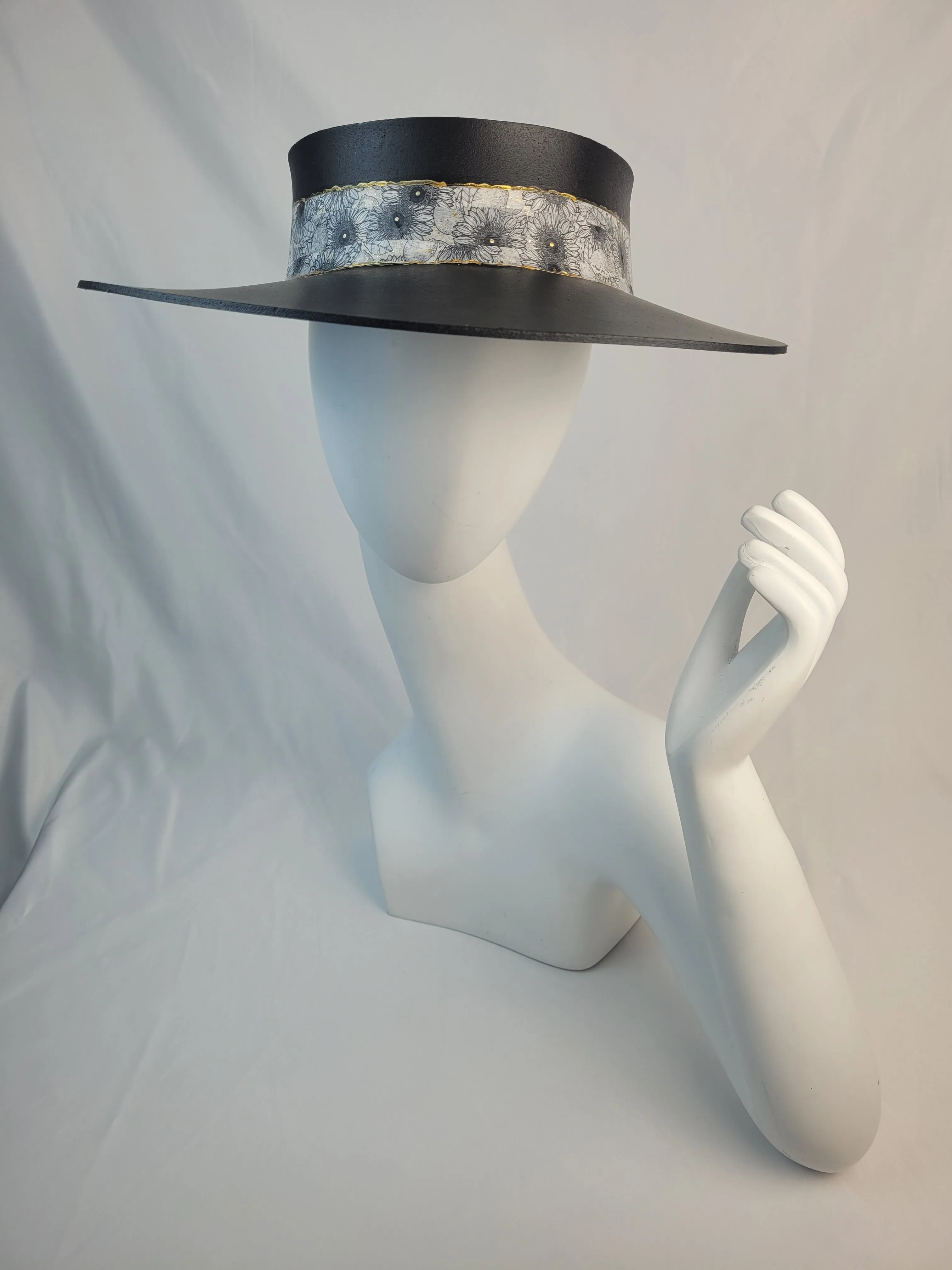 Black "LadyEVA" Visor Hat with Black and White Floral Band, Silver and Handpainted Floral Motif