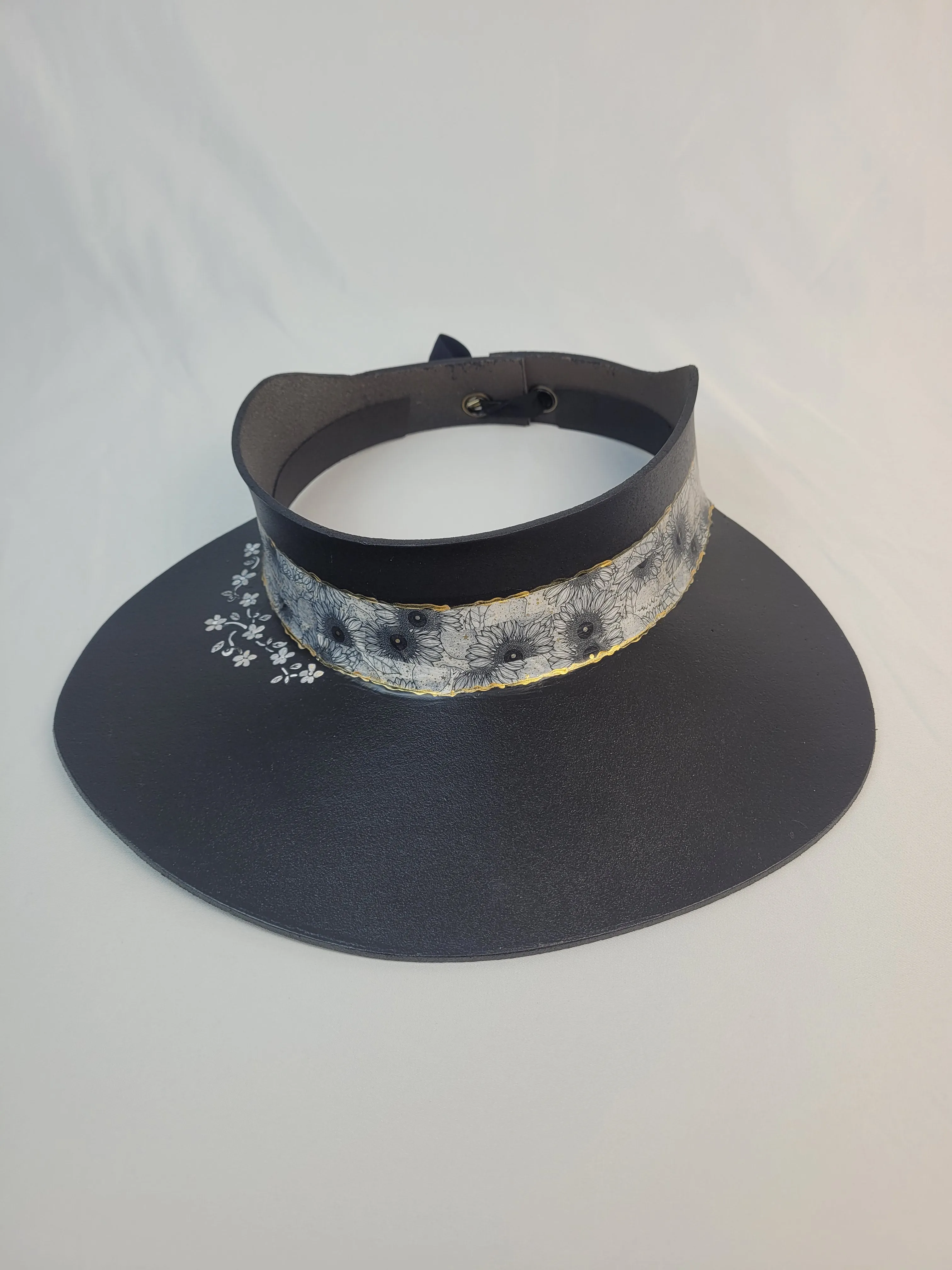 Black "LadyEVA" Visor Hat with Black and White Floral Band, Silver and Handpainted Floral Motif