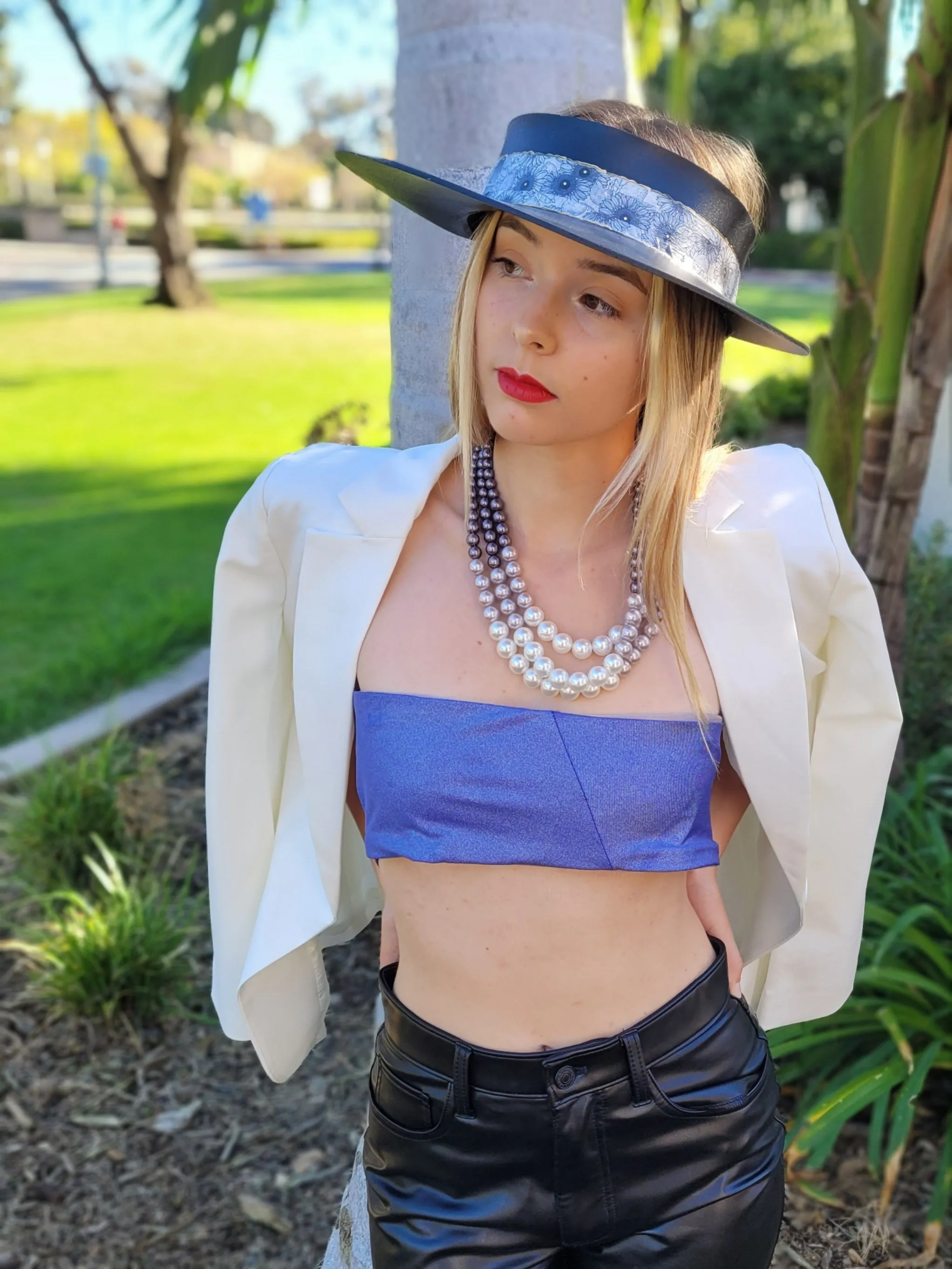 Black "LadyEVA" Visor Hat with Black and White Floral Band, Silver and Handpainted Floral Motif