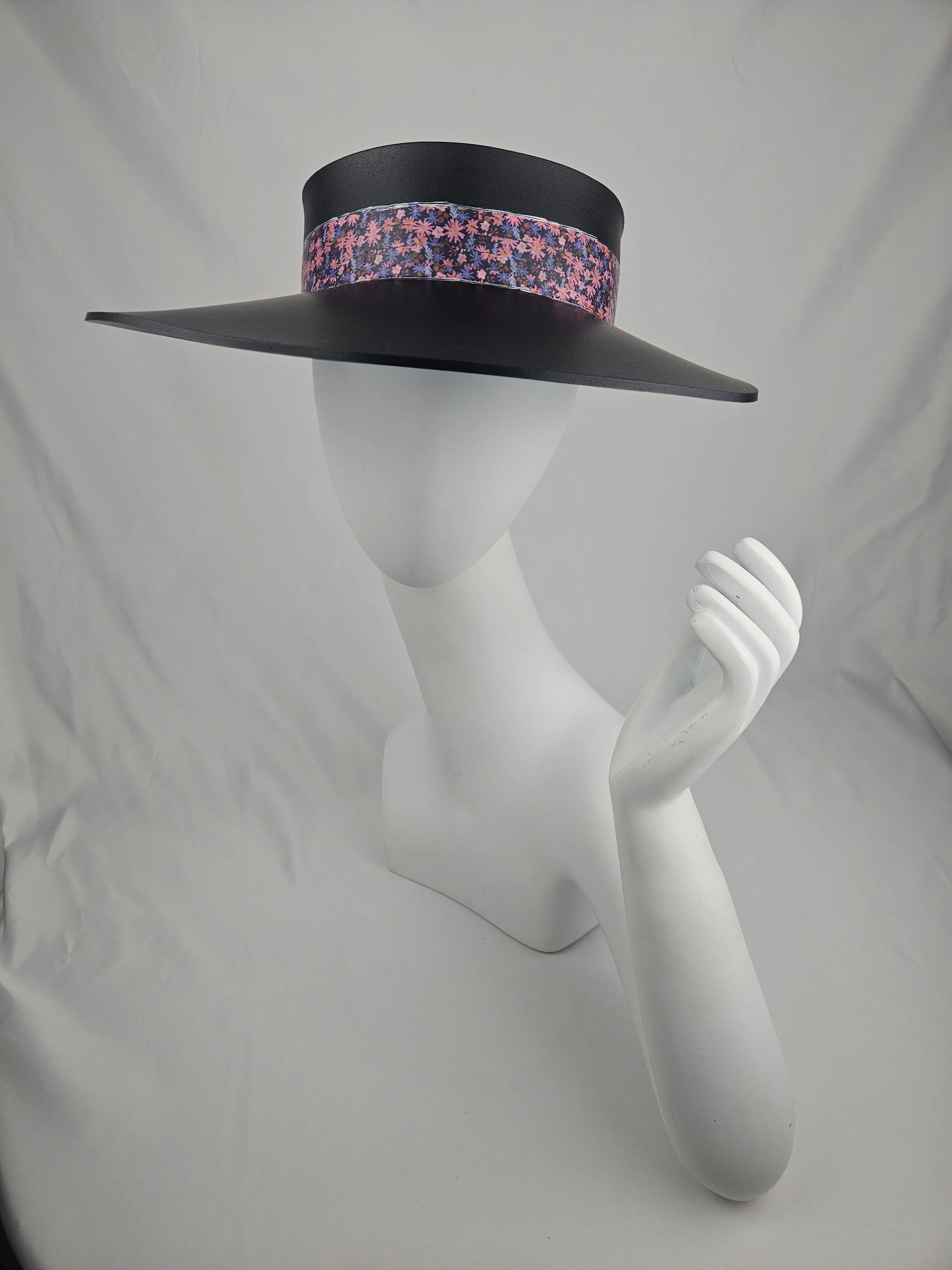 Black "LadyEVA" Visor Hat with Cute Pink and Purple Floral Band