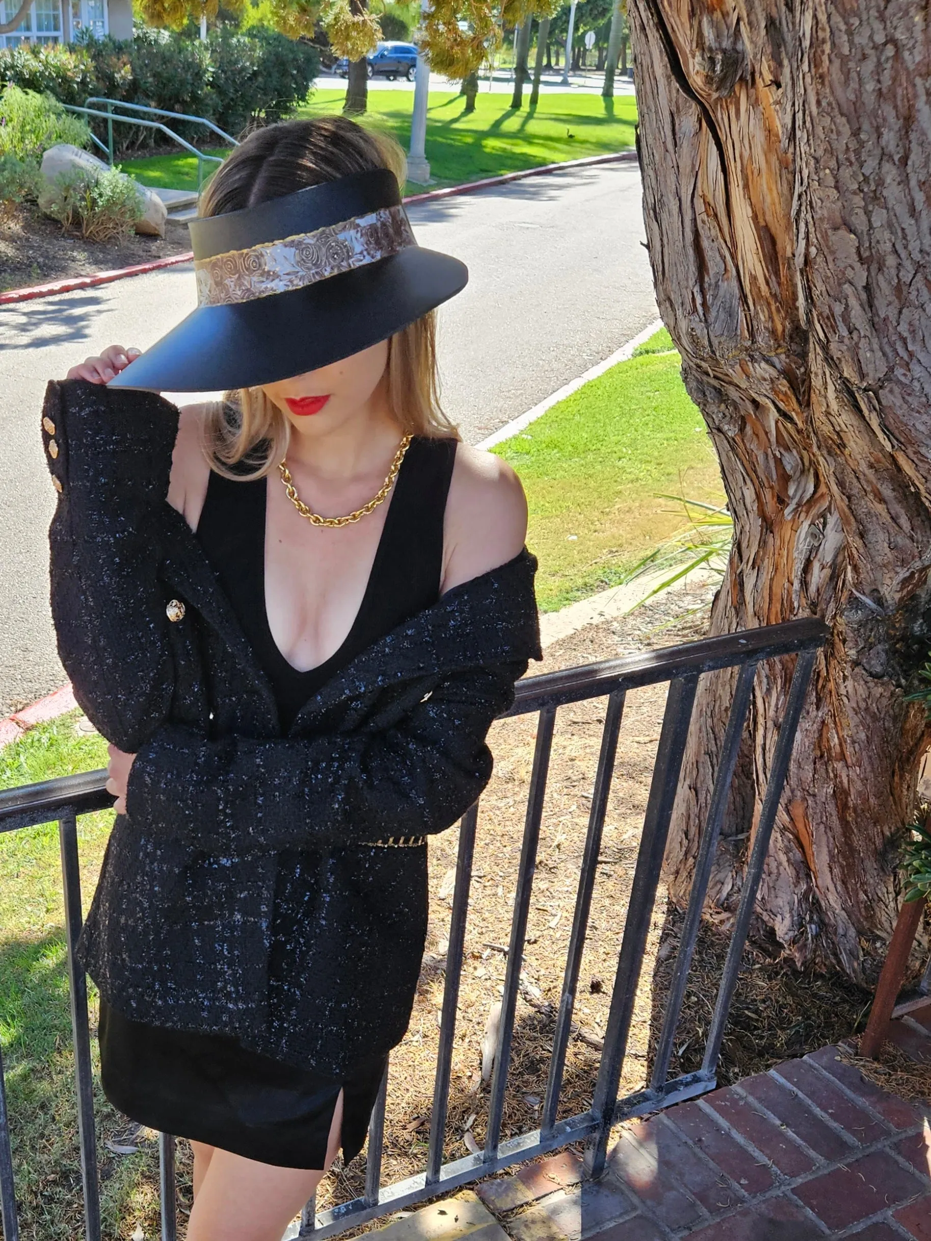 Black "LadyEVA" Visor Hat with Deep Brown and Golden Floral Band